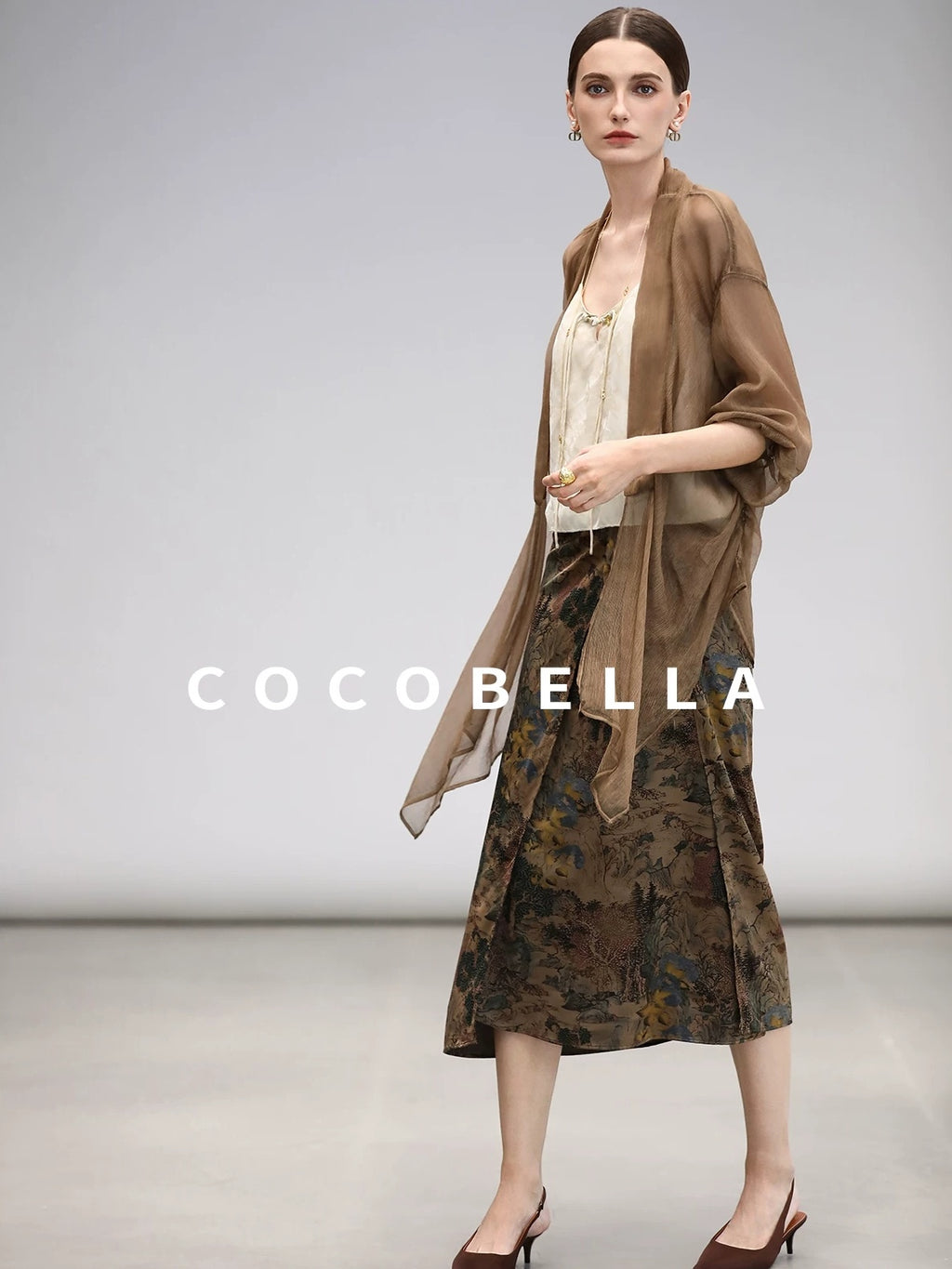 COCOBELLA Elegant Pleated Asymmetric French Chiffon Midlength Long Sleeve Tea Brown Shirts