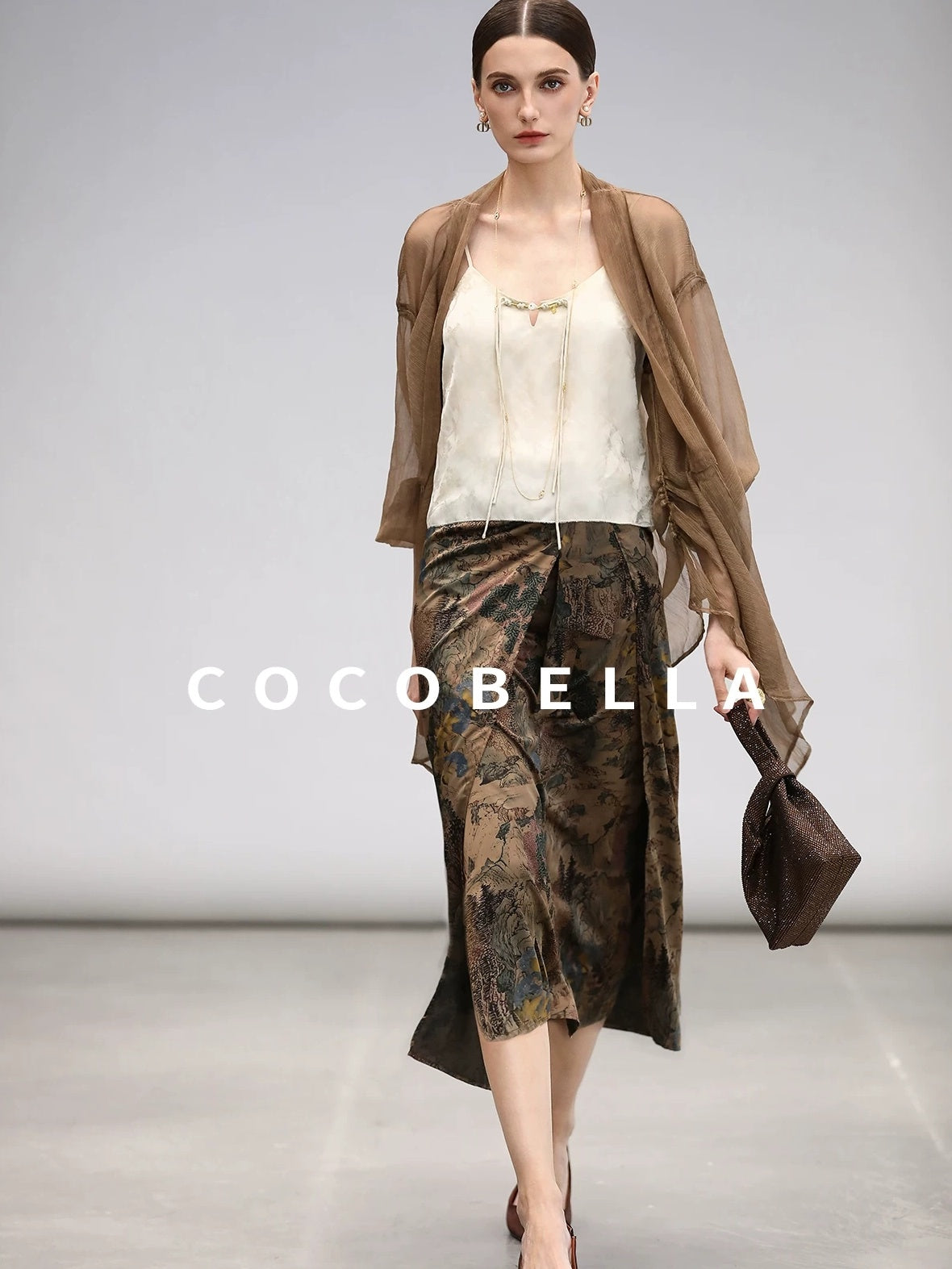 COCOBELLA Elegant Pleated Asymmetric French Chiffon Midlength Long Sleeve Tea Brown Shirts