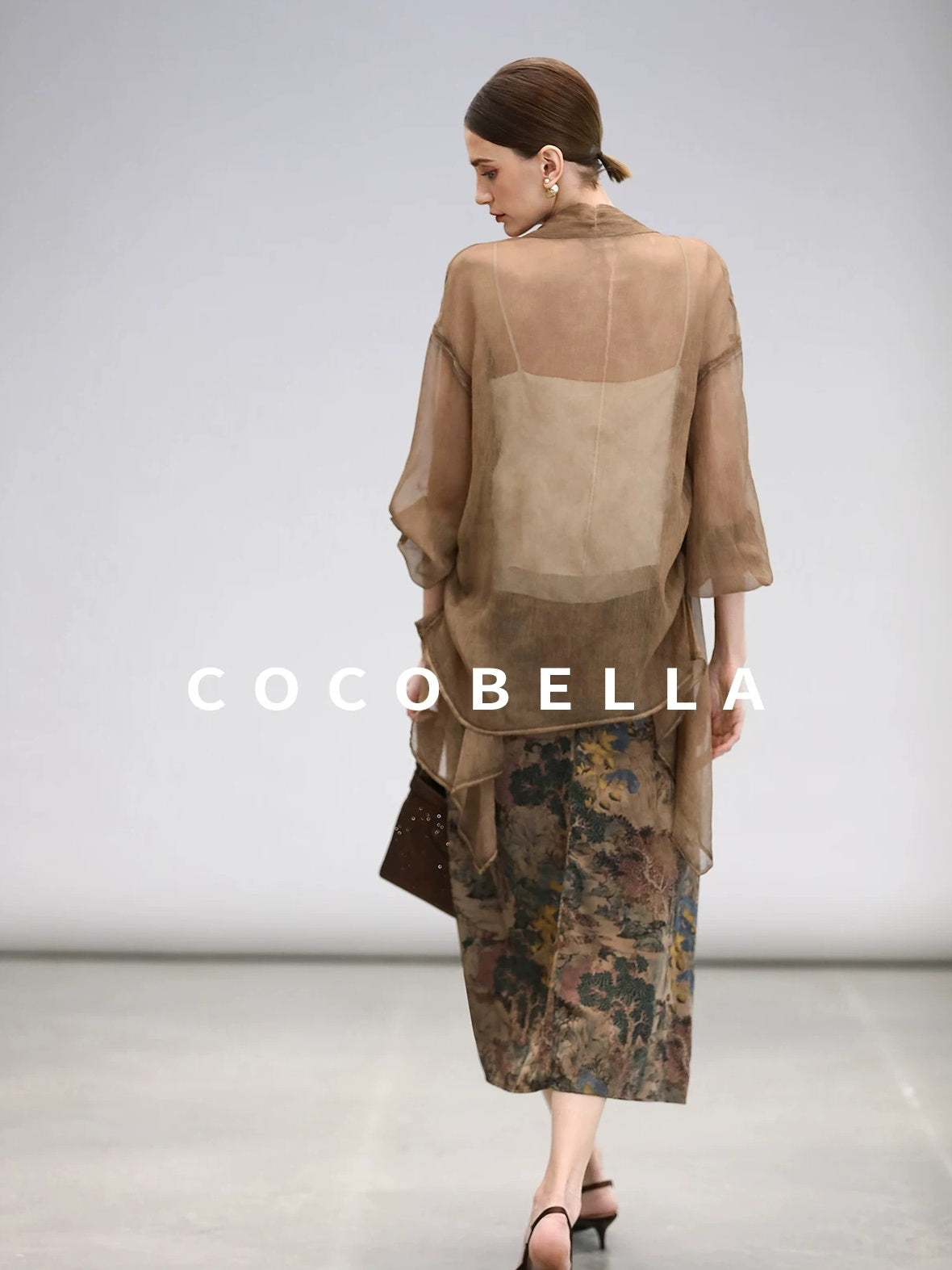 COCOBELLA Elegant Pleated Asymmetric French Chiffon Midlength Long Sleeve Tea Brown Shirts