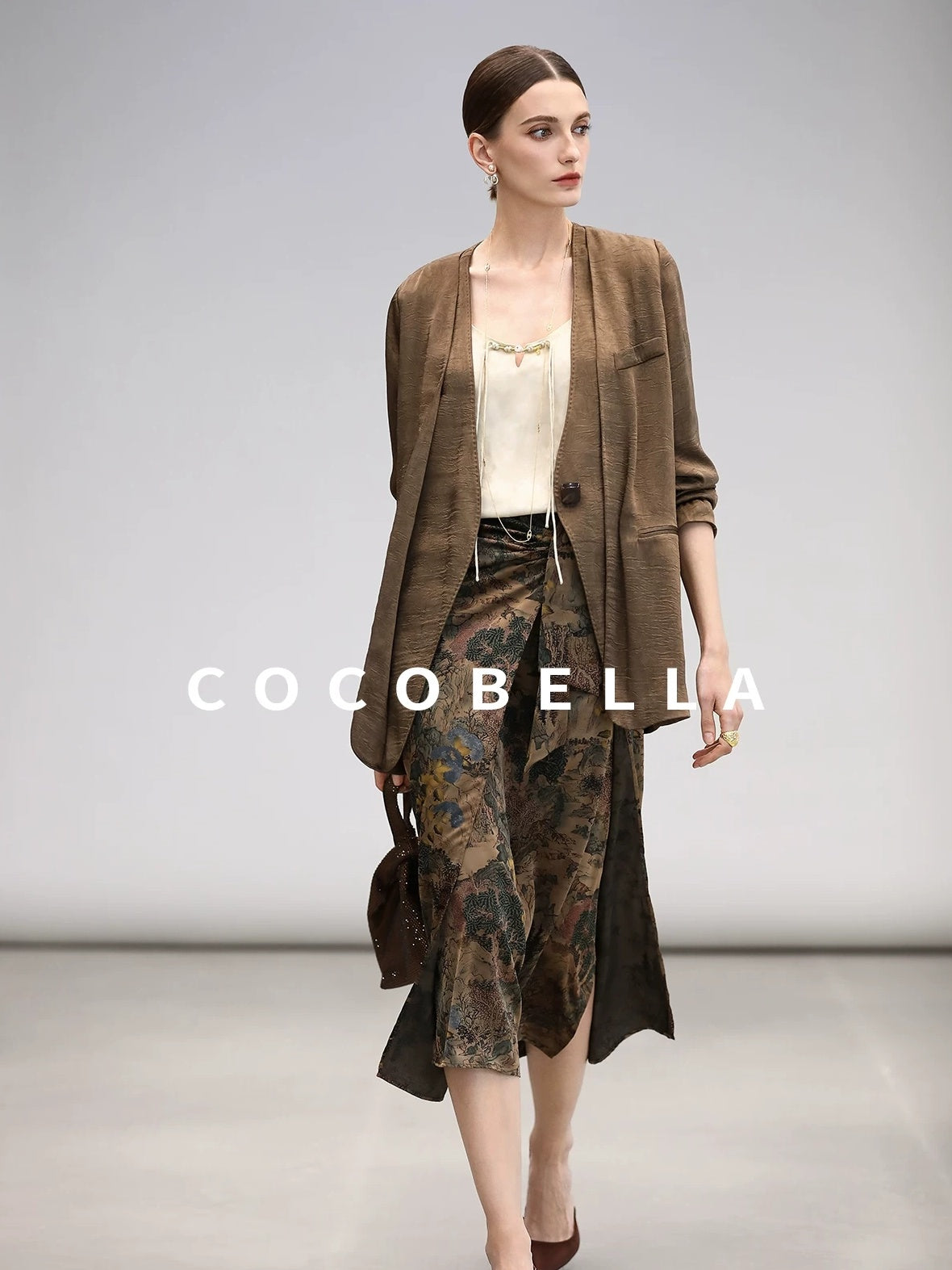 COCOBELLA Elegant Pleated Asymmetric French Chiffon Midlength Long Sleeve Tea Brown Shirts
