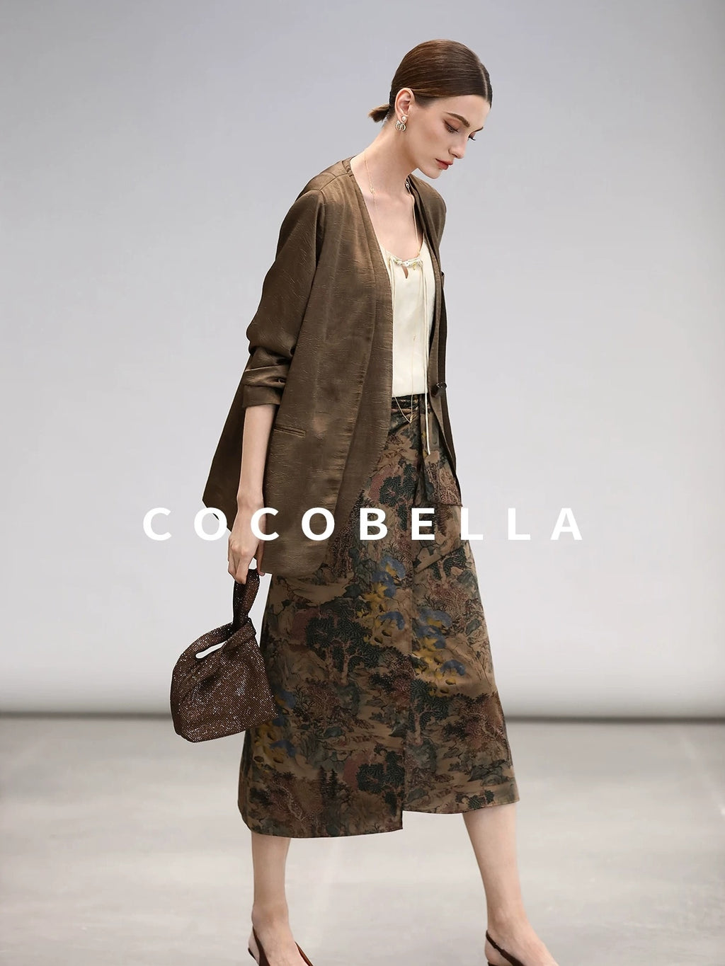 COCOBELLA Elegant Pleated Asymmetric French Chiffon Midlength Long Sleeve Tea Brown Shirts