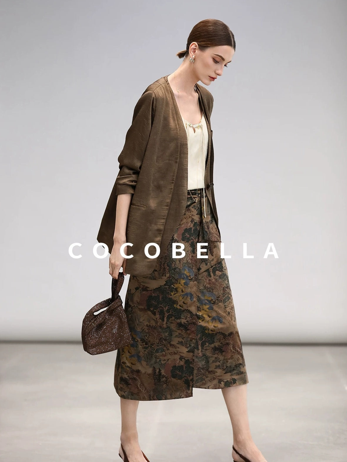 COCOBELLA Elegant Pleated Asymmetric French Chiffon Midlength Long Sleeve Tea Brown Shirts
