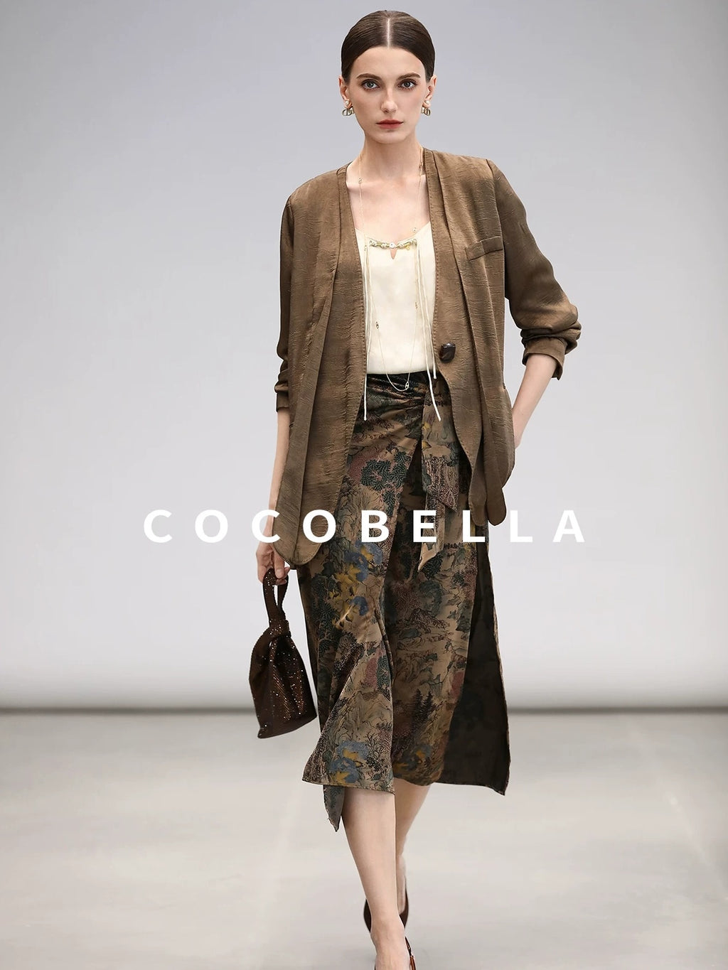 COCOBELLA Elegant Pleated Asymmetric French Chiffon Midlength Long Sleeve Tea Brown Shirts