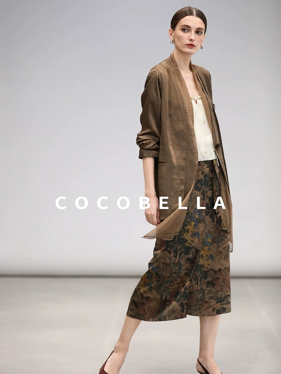 COCOBELLA Elegant Pleated Asymmetric French Chiffon Midlength Long Sleeve Tea Brown Shirts