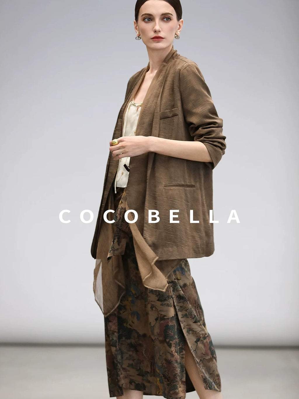 COCOBELLA Elegant Pleated Asymmetric French Chiffon Midlength Long Sleeve Tea Brown Shirts