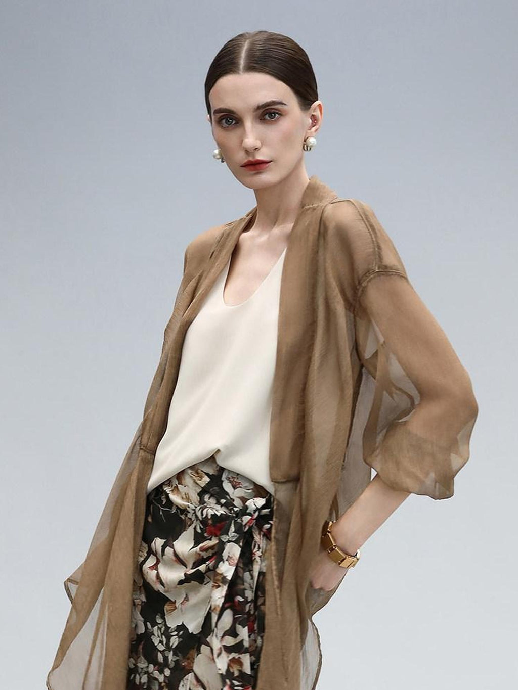 COCOBELLA Elegant Pleated Asymmetric French Chiffon Midlength Long Sleeve Tea Brown Shirts