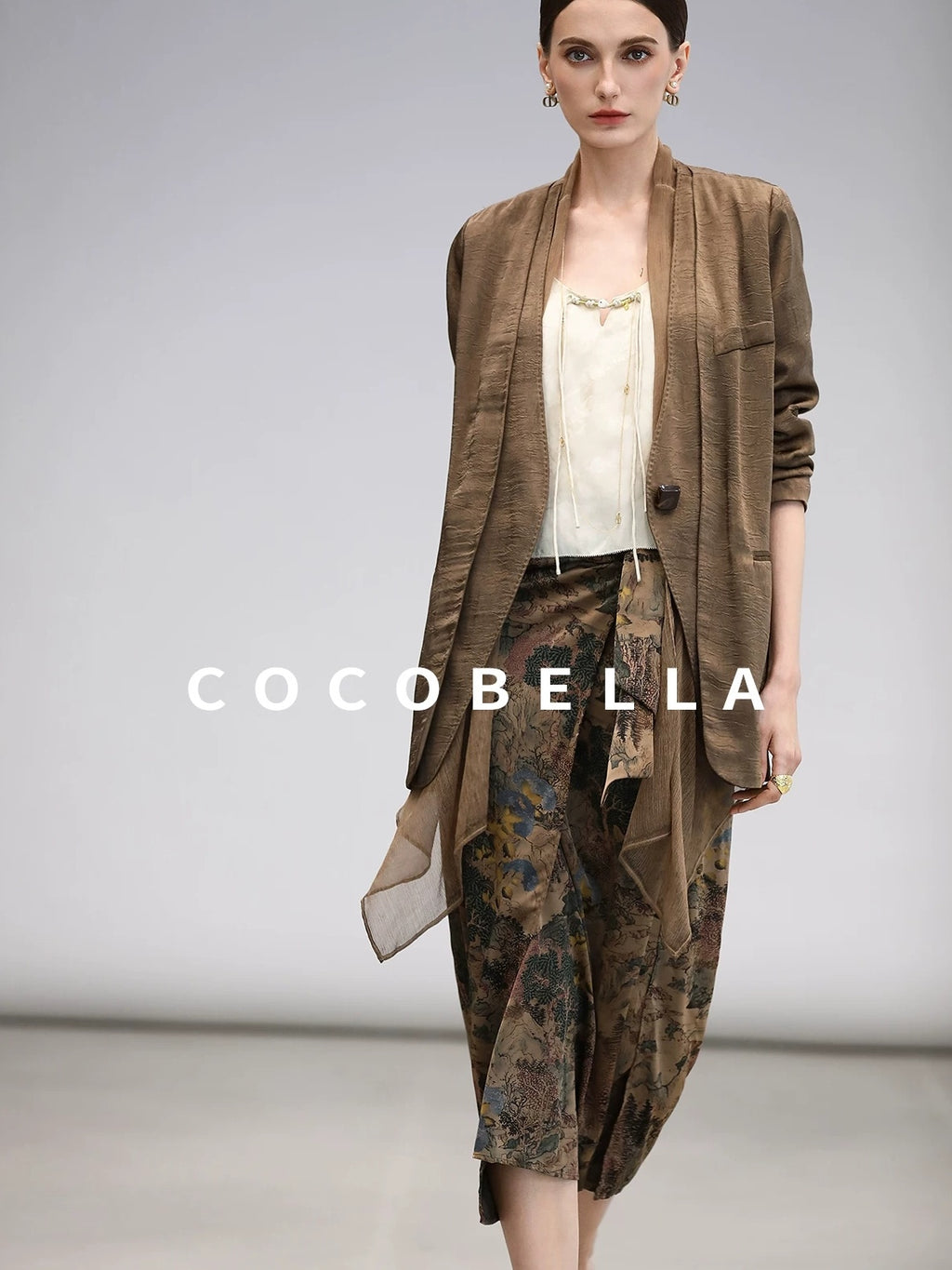 COCOBELLA Elegant Pleated Asymmetric French Chiffon Midlength Long Sleeve Tea Brown Shirts