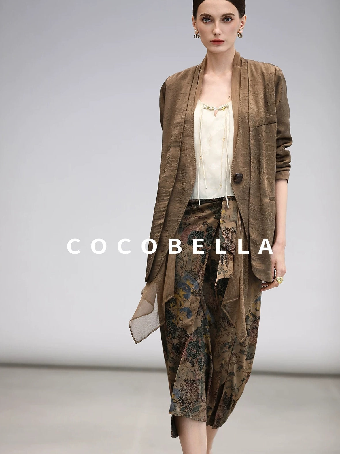 COCOBELLA Elegant Pleated Asymmetric French Chiffon Midlength Long Sleeve Tea Brown Shirts