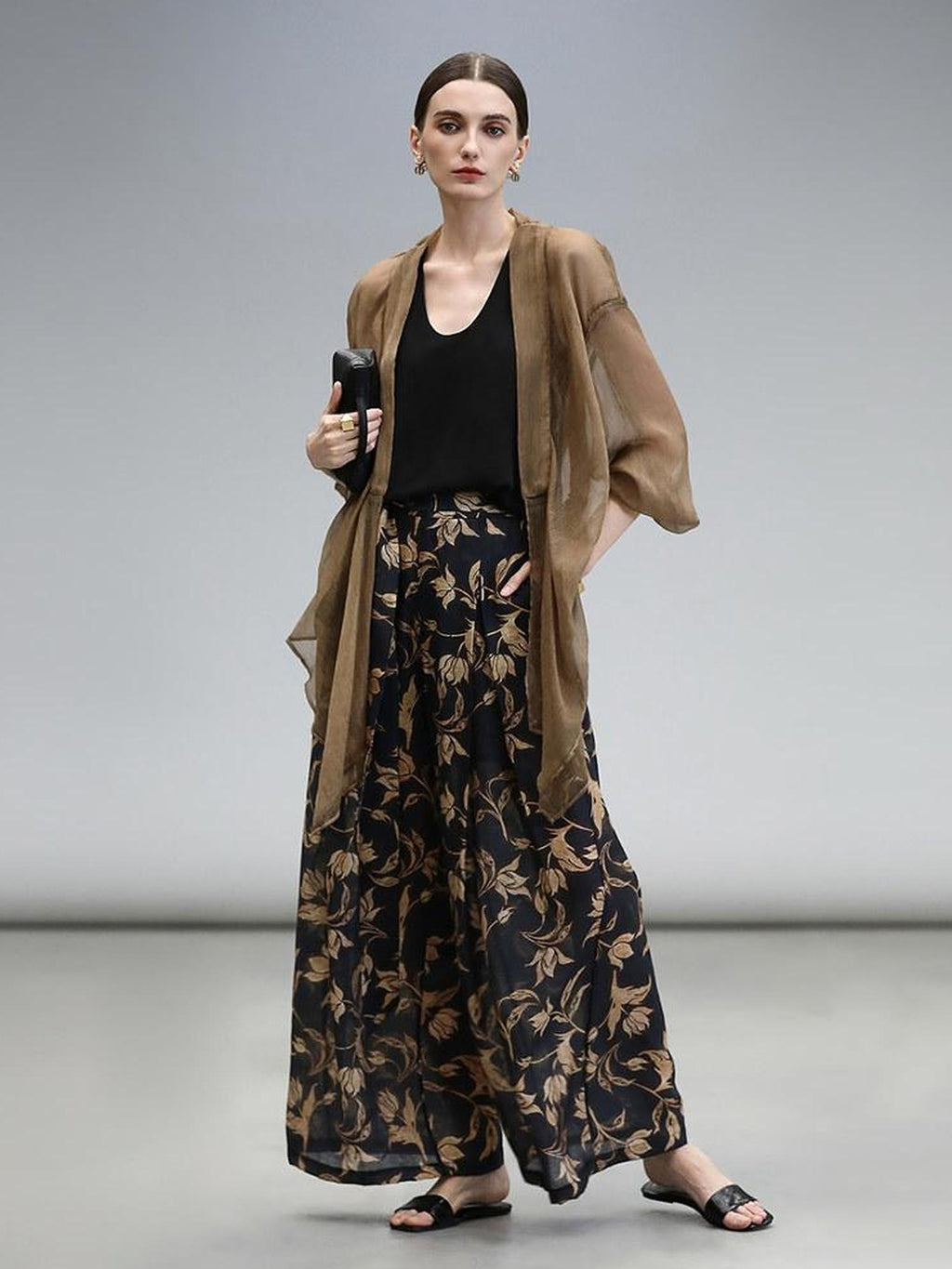 COCOBELLA Elegant Pleated Asymmetric French Chiffon Midlength Long Sleeve Tea Brown Shirts