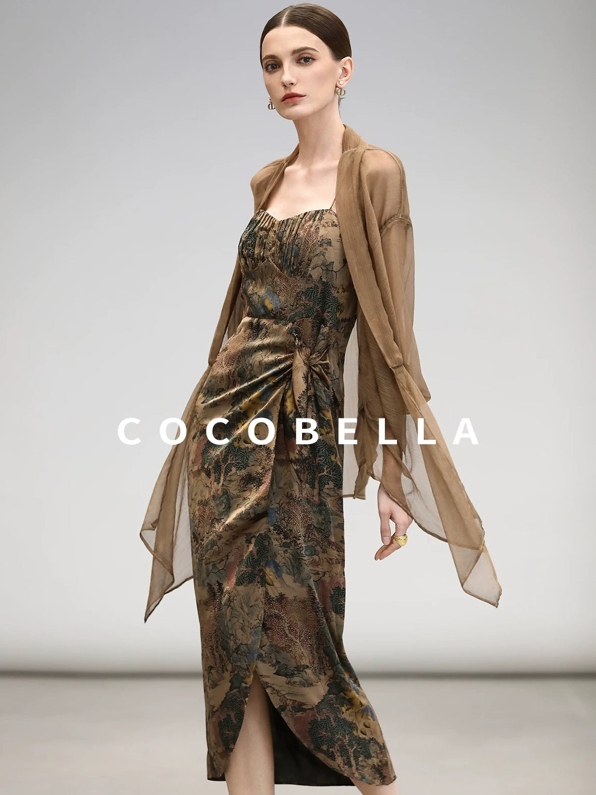 COCOBELLA Elegant Pleated Asymmetric French Chiffon Midlength Long Sleeve Tea Brown Shirts