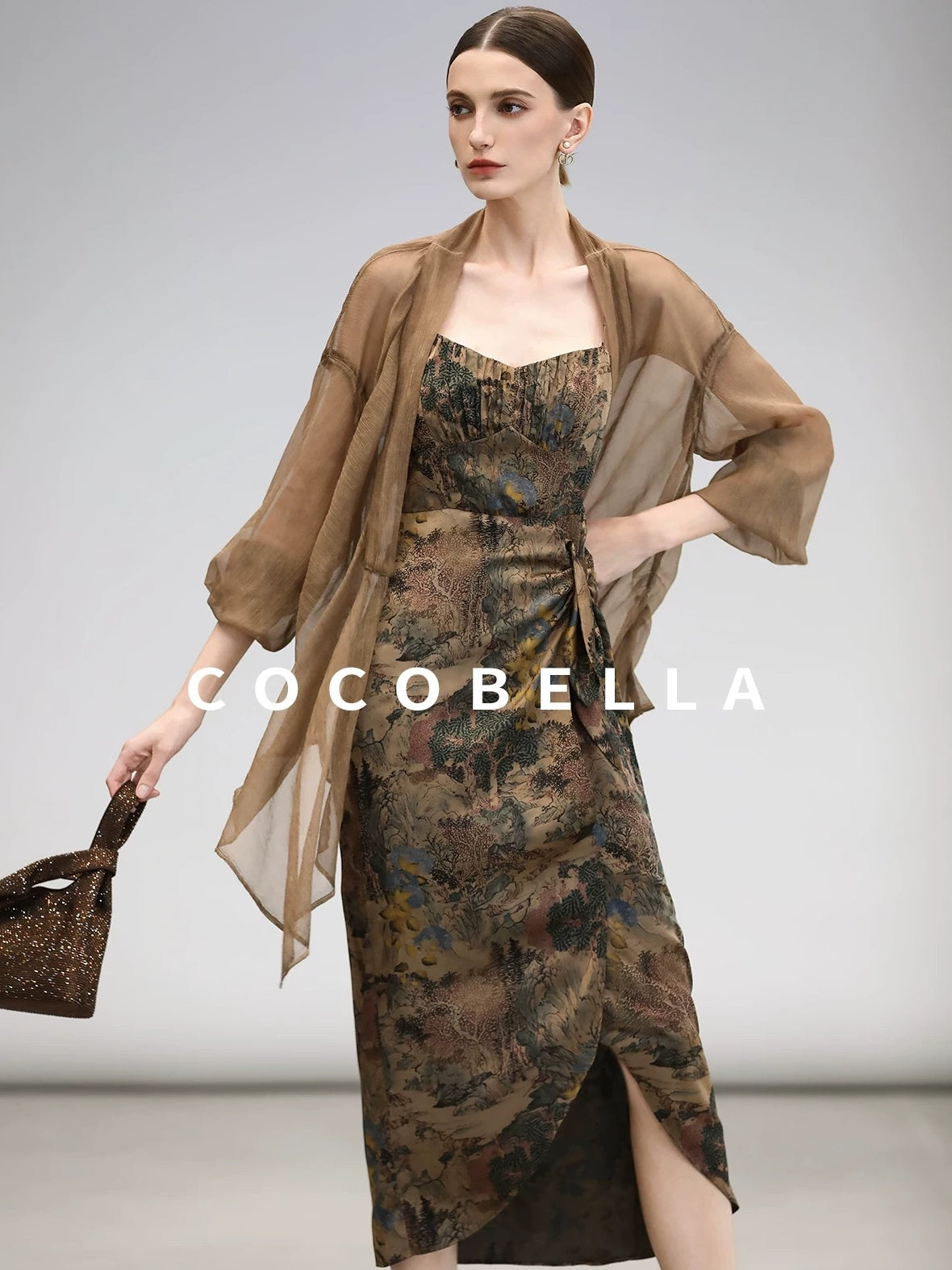COCOBELLA Elegant Pleated Asymmetric French Chiffon Midlength Long Sleeve Tea Brown Shirts