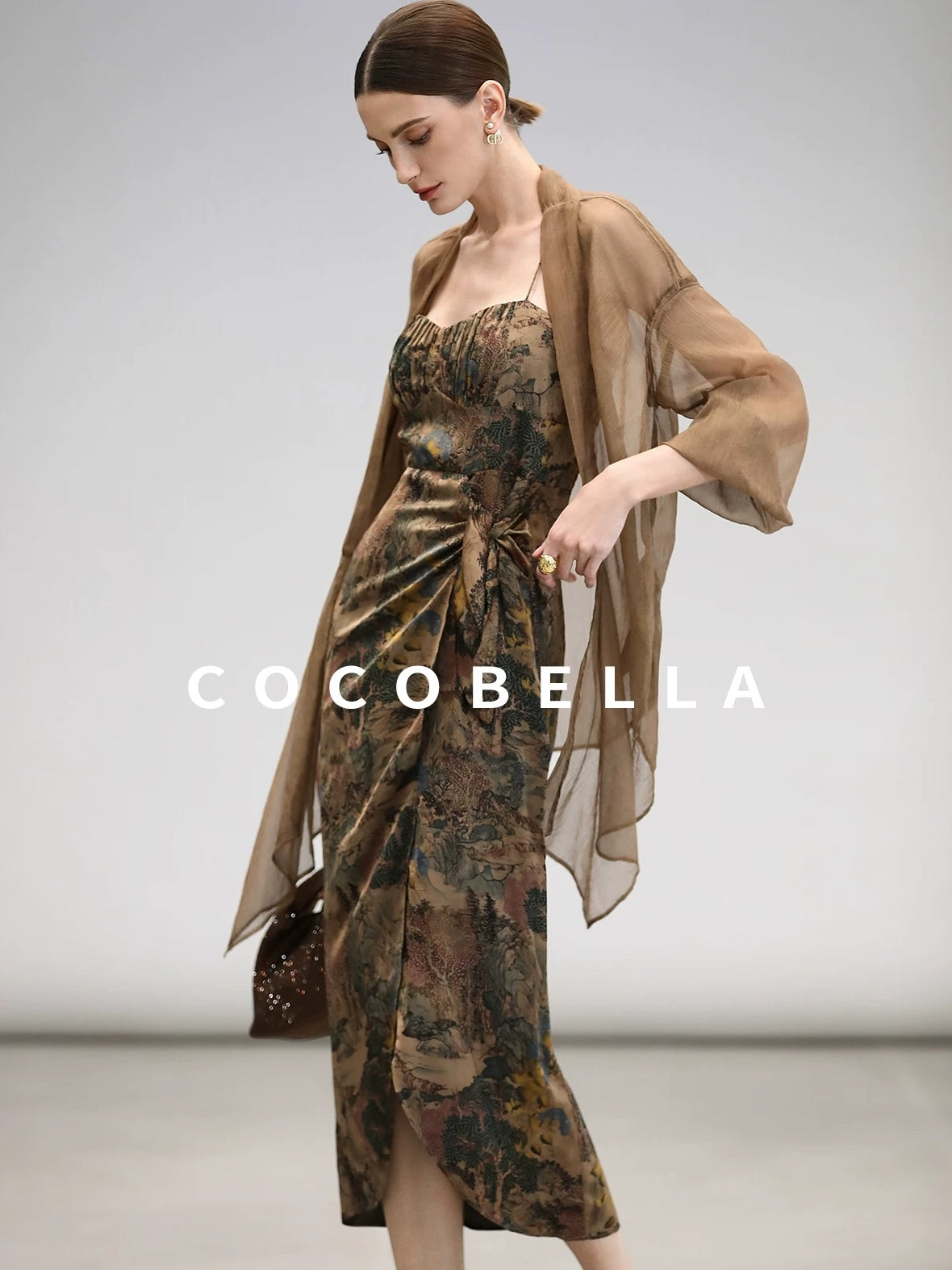 COCOBELLA Elegant Pleated Asymmetric French Chiffon Midlength Long Sleeve Tea Brown Shirts