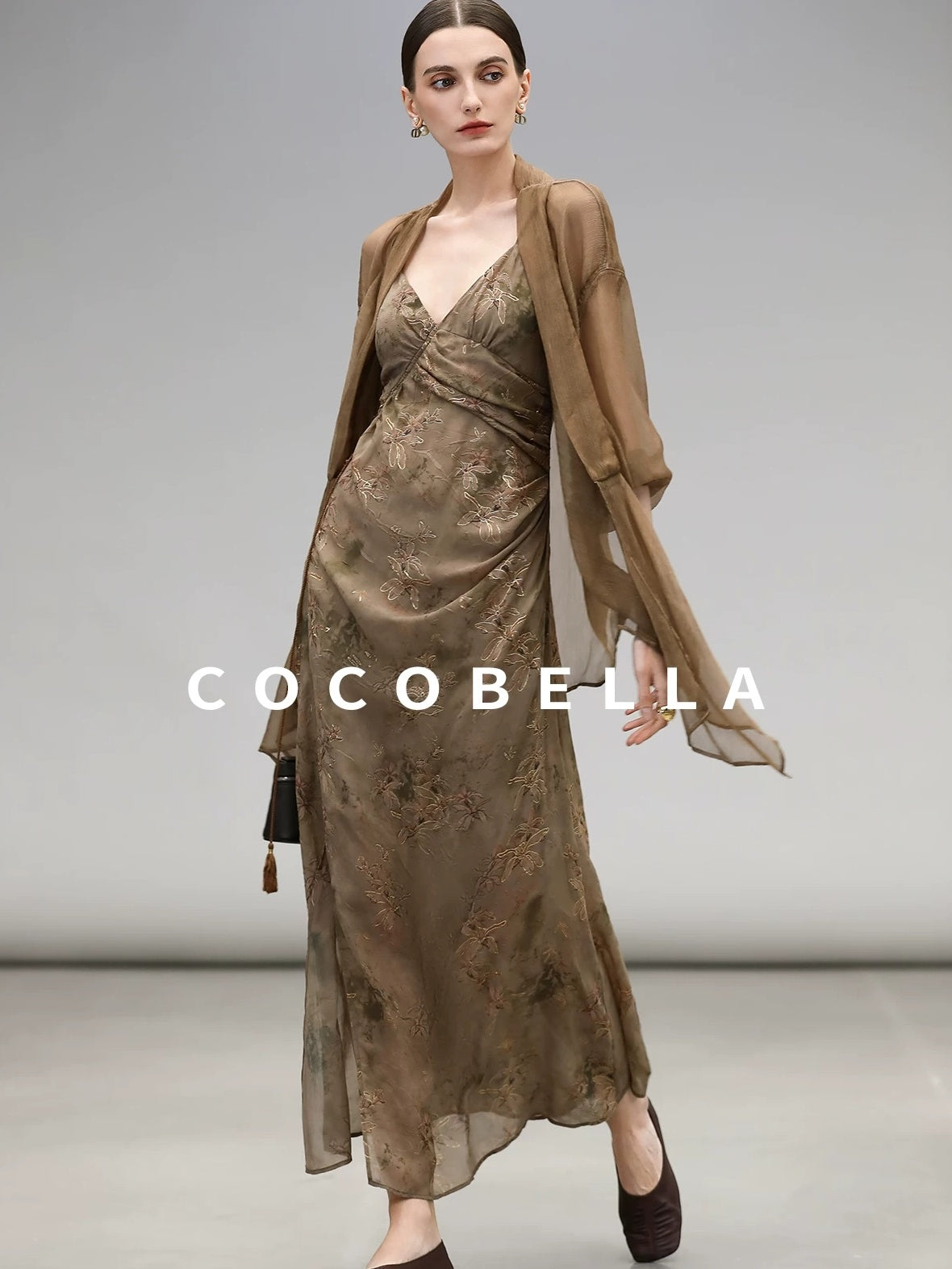 COCOBELLA Elegant Pleated Asymmetric French Chiffon Midlength Long Sleeve Tea Brown Shirts