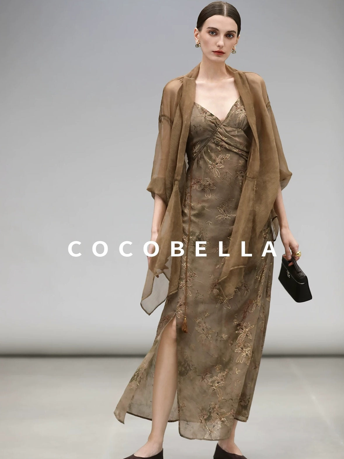COCOBELLA Elegant Pleated Asymmetric French Chiffon Midlength Long Sleeve Tea Brown Shirts