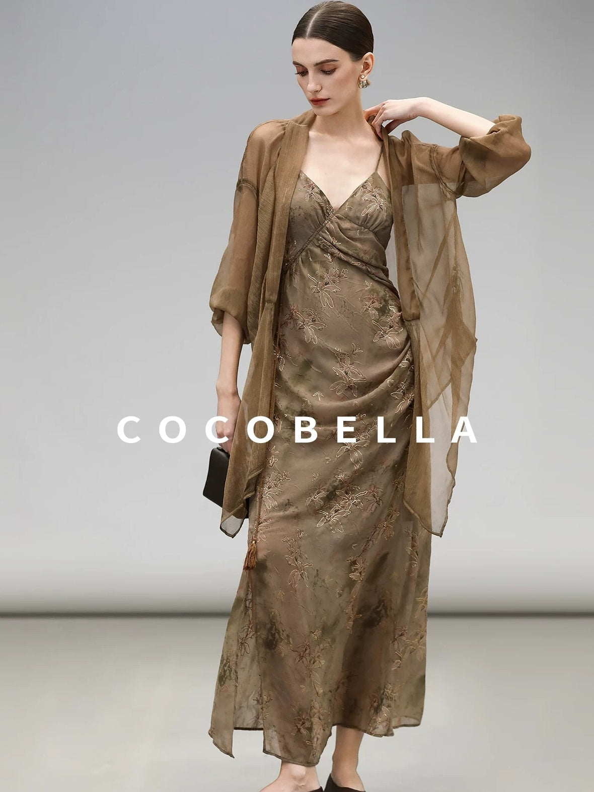 COCOBELLA Elegant Pleated Asymmetric French Chiffon Midlength Long Sleeve Tea Brown Shirts