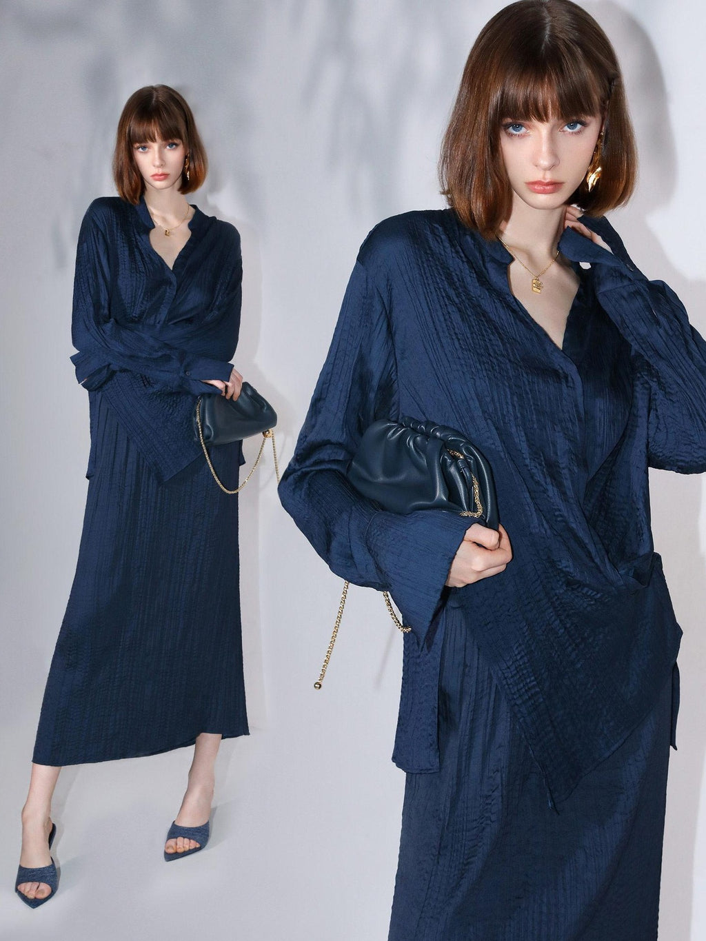 COCOBELLA Elegant Pleated Pencil Midi Skirt Mid Waist Office Women Deep Sea Blue Skirts