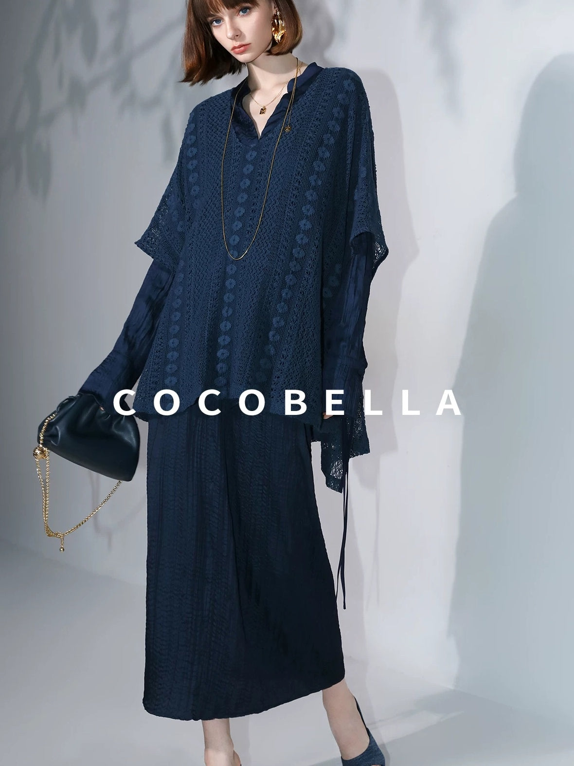 COCOBELLA Elegant Pleated Pencil Midi Skirt Mid Waist Office Women Deep Sea Blue Skirts