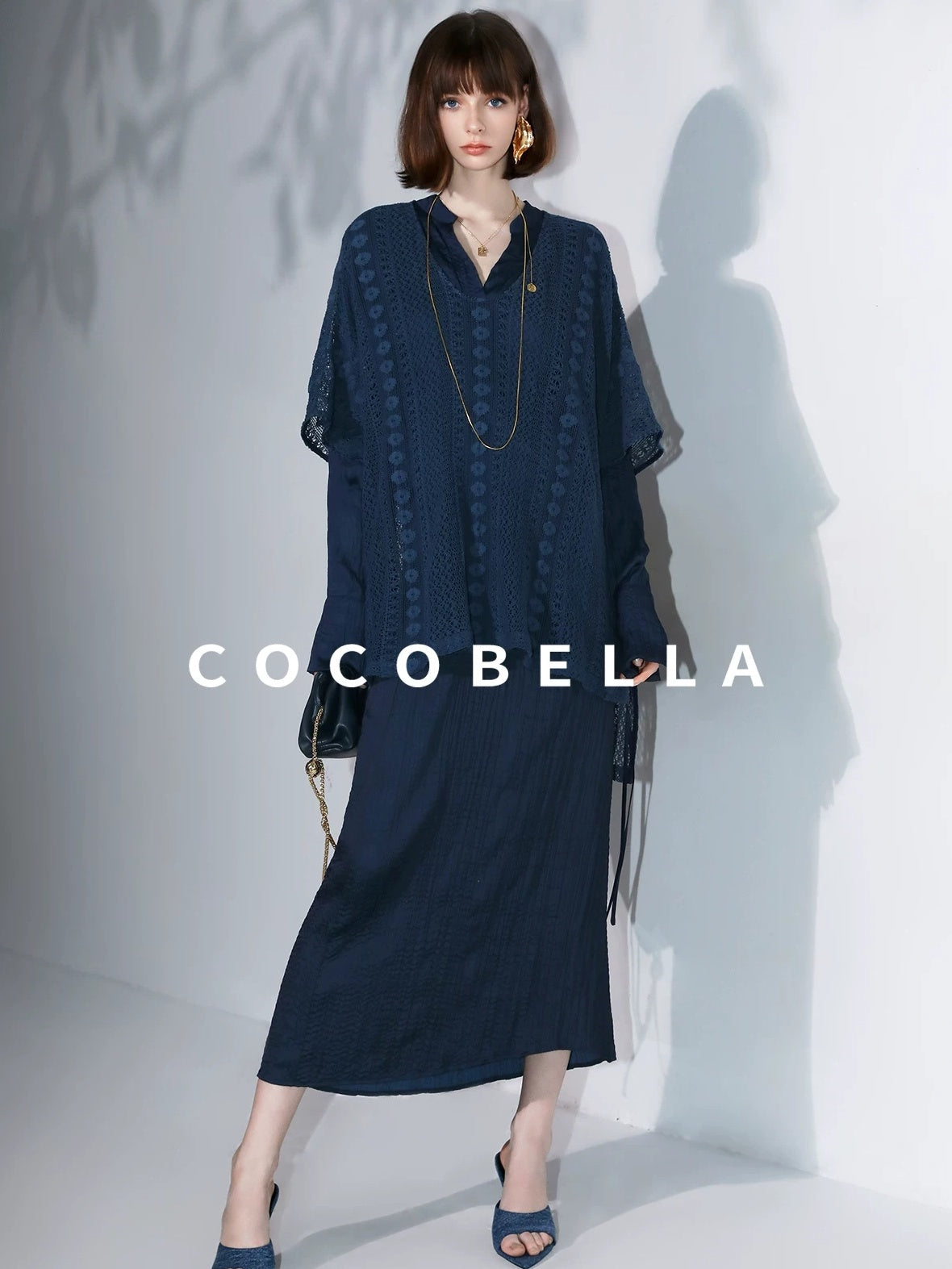 COCOBELLA Elegant Pleated Pencil Midi Skirt Mid Waist Office Women Deep Sea Blue Skirts