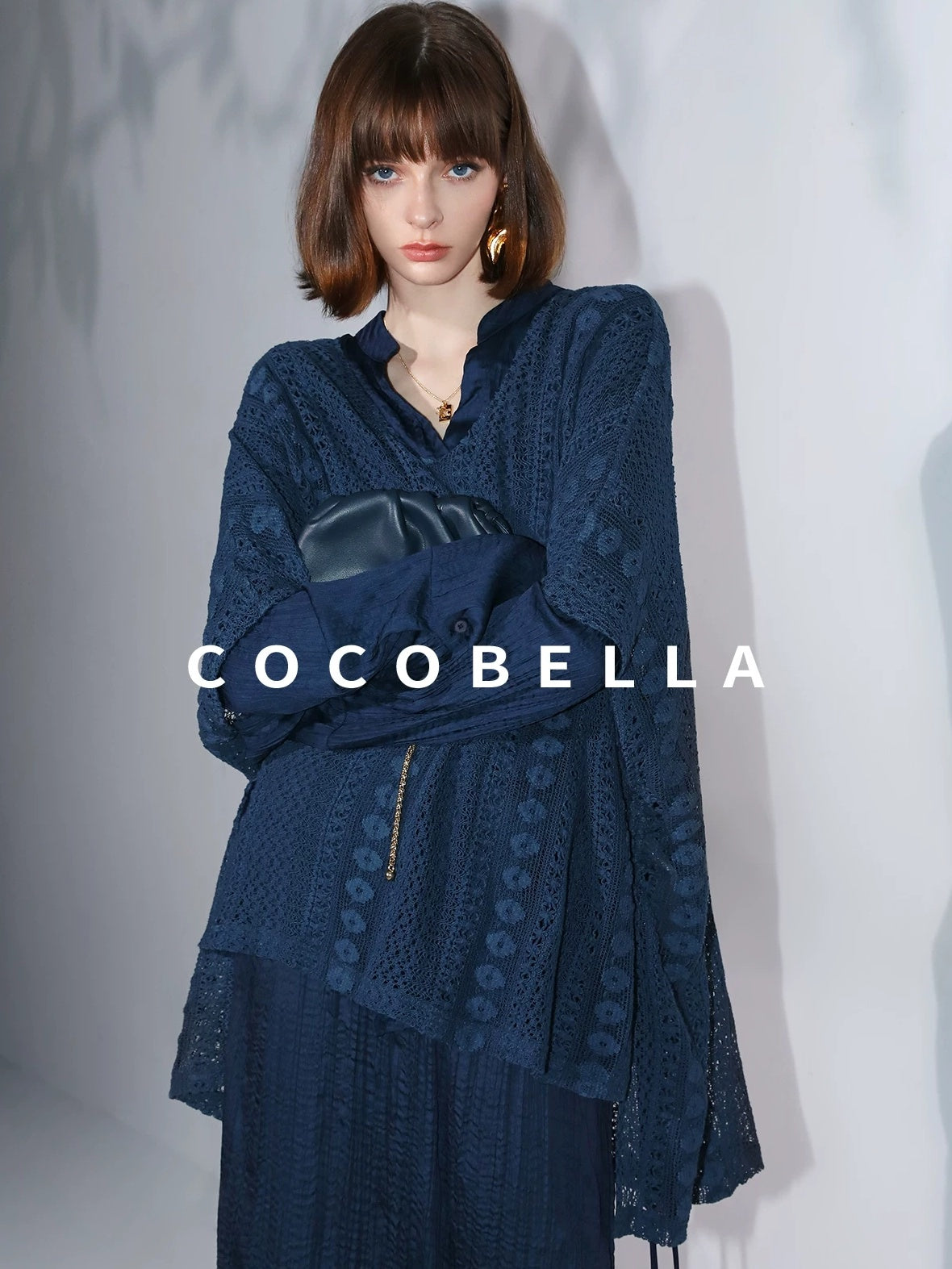 COCOBELLA Elegant Pleated Pencil Midi Skirt Mid Waist Office Women Deep Sea Blue Skirts