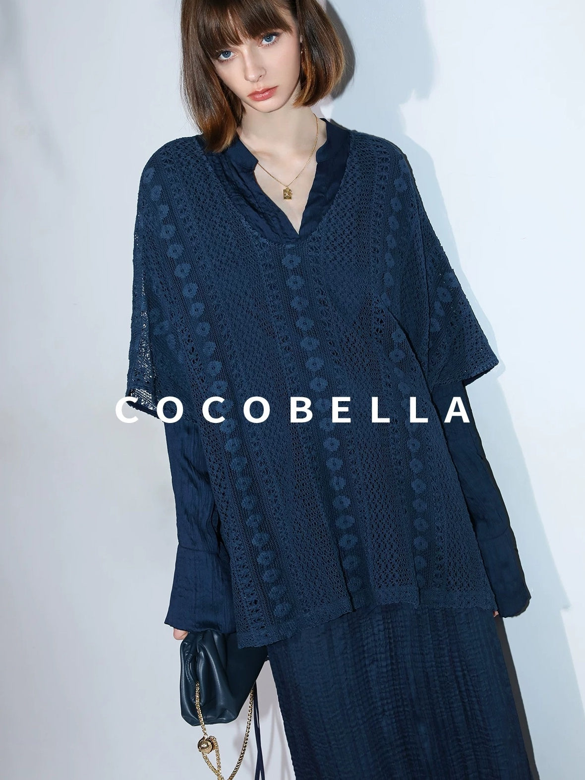 COCOBELLA Elegant Pleated Pencil Midi Skirt Mid Waist Office Women Deep Sea Blue Skirts