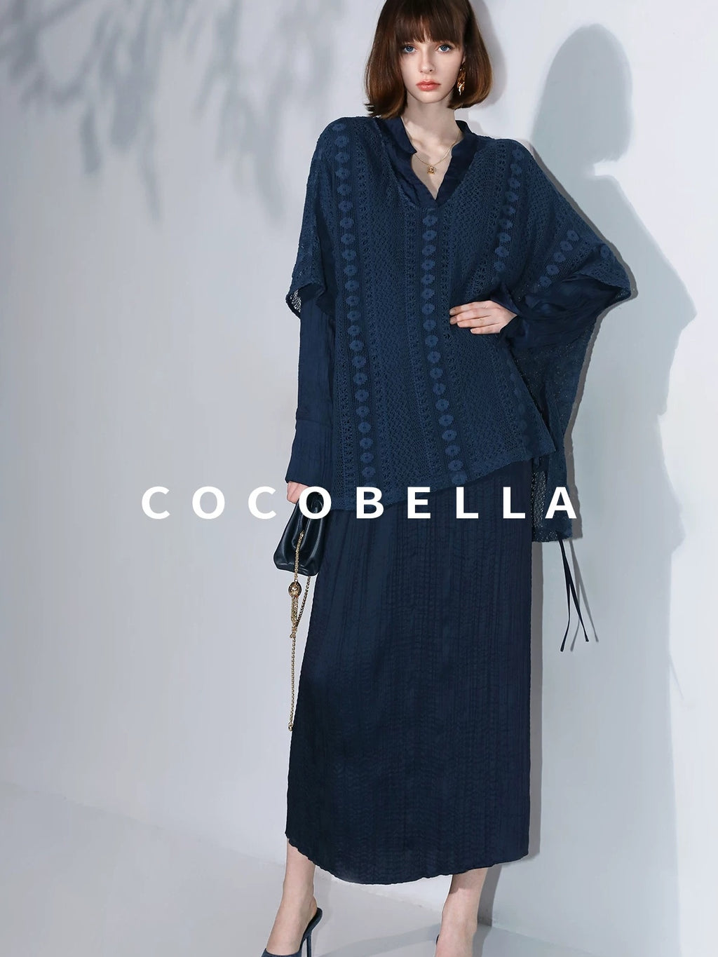 COCOBELLA Elegant Pleated Pencil Midi Skirt Mid Waist Office Women Deep Sea Blue Skirts