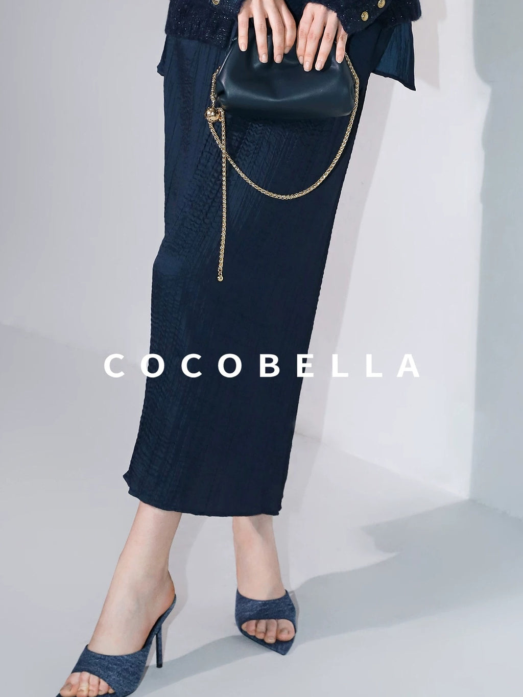 COCOBELLA Elegant Pleated Pencil Midi Skirt Mid Waist Office Women Deep Sea Blue Skirts