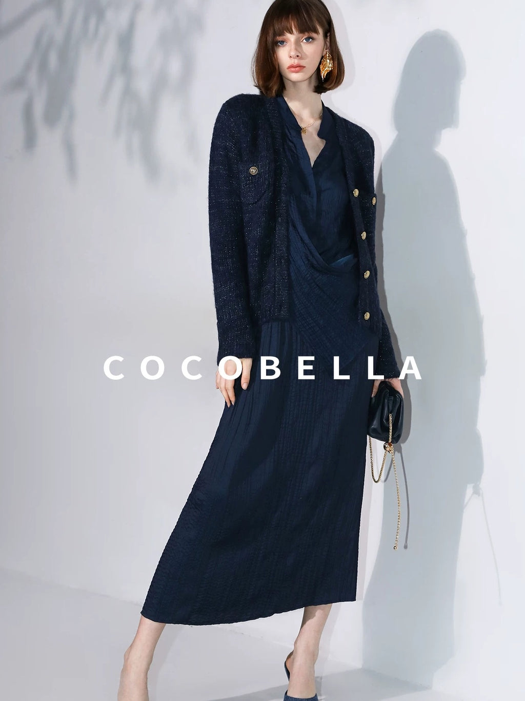 COCOBELLA Elegant Pleated Pencil Midi Skirt Mid Waist Office Women Deep Sea Blue Skirts