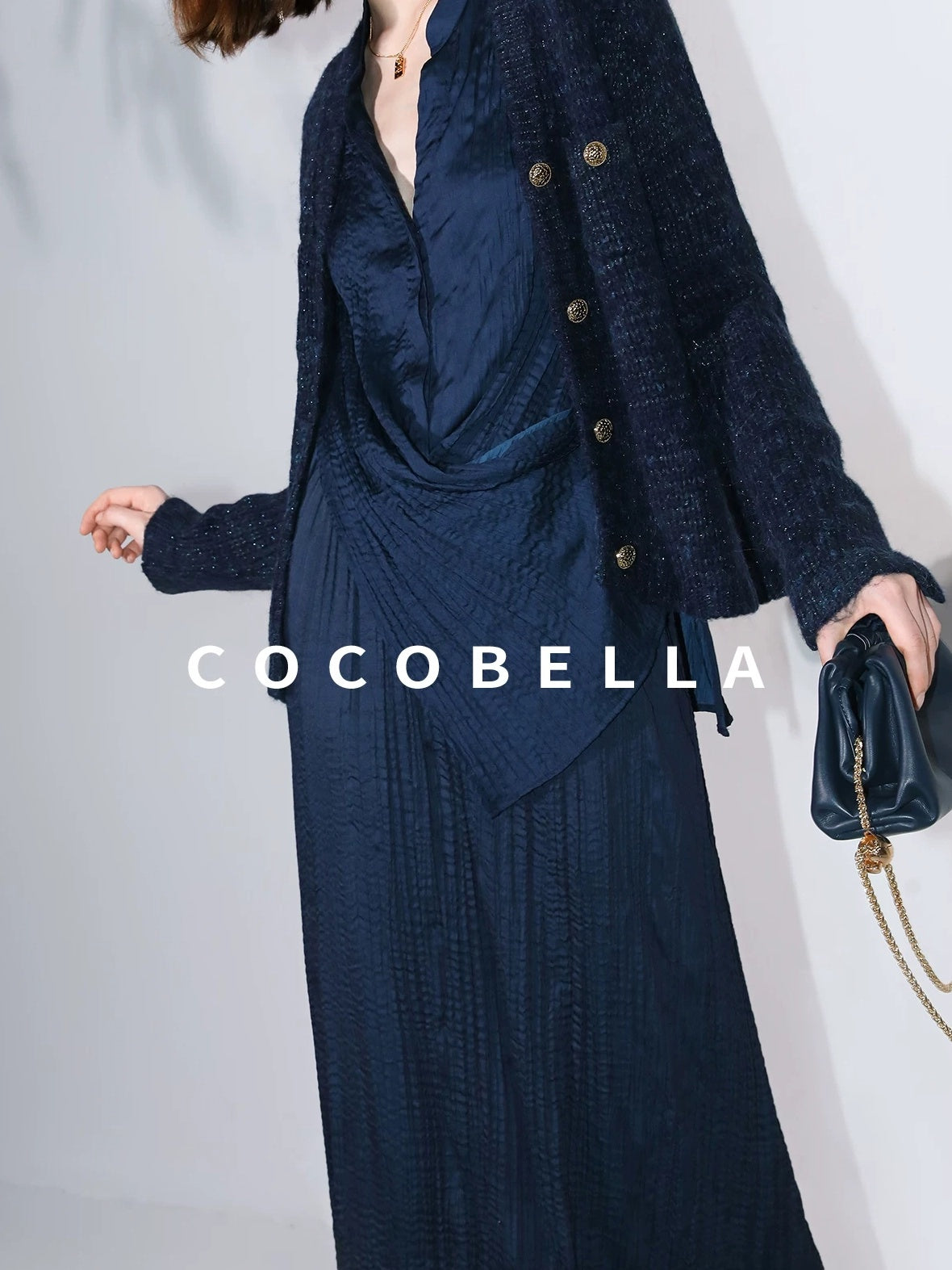 COCOBELLA Elegant Pleated Pencil Midi Skirt Mid Waist Office Women Deep Sea Blue Skirts