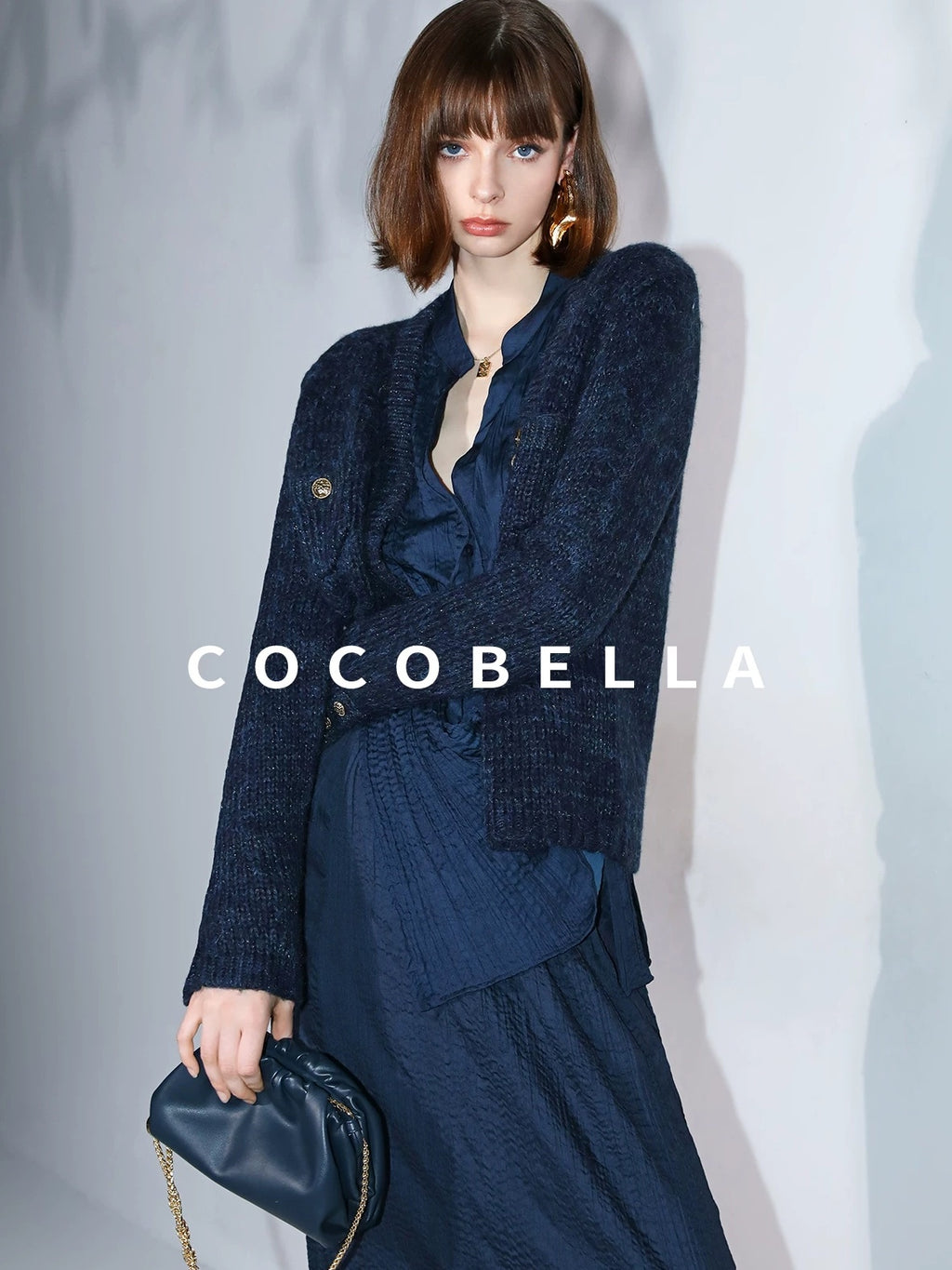 COCOBELLA Elegant Pleated Pencil Midi Skirt Mid Waist Office Women Deep Sea Blue Skirts