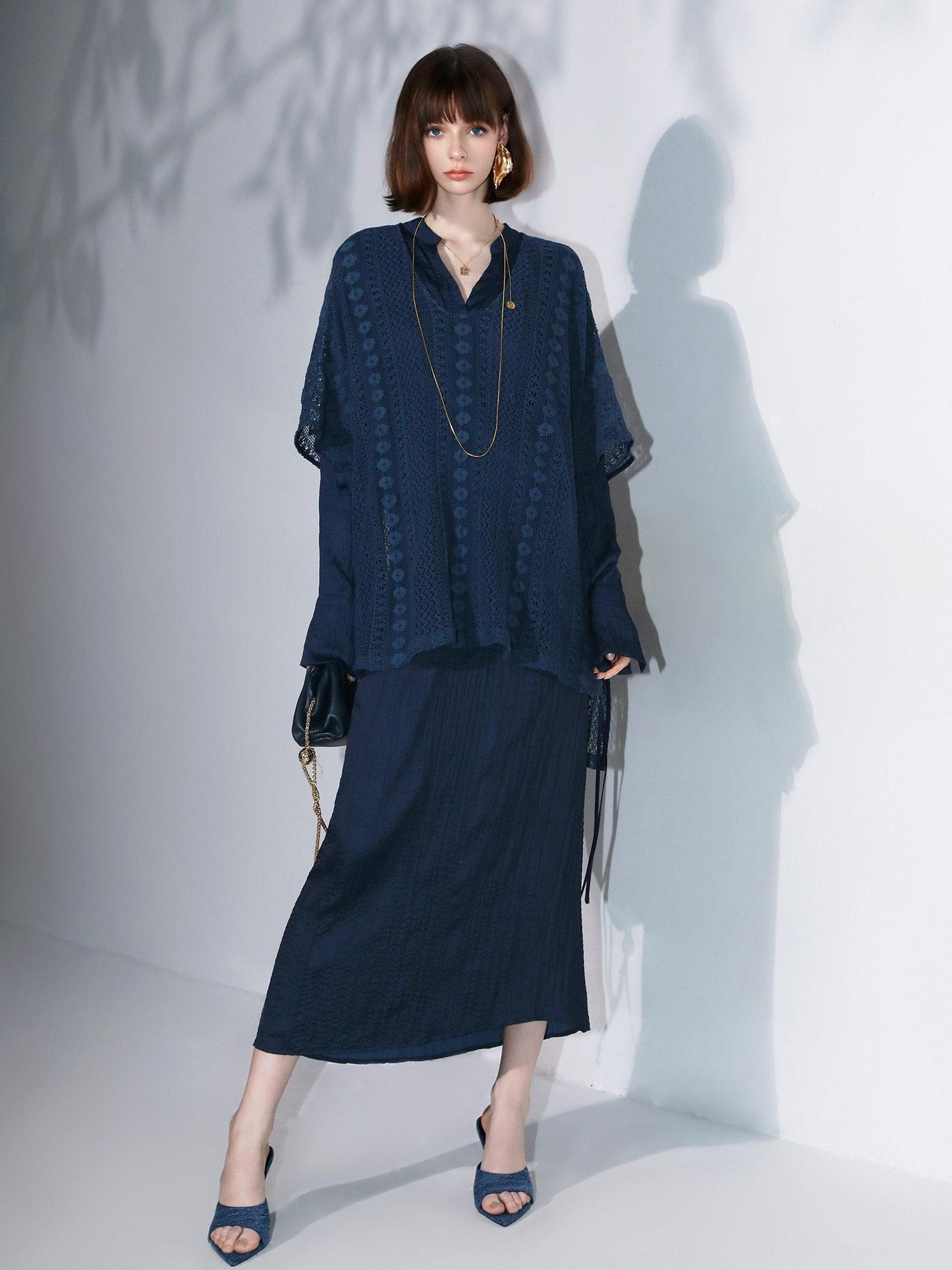 COCOBELLA Elegant Pleated Pencil Midi Skirt Mid Waist Office Women Deep Sea Blue Skirts