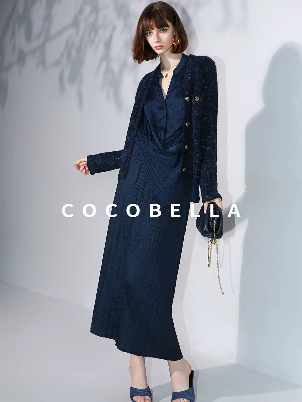 COCOBELLA Elegant Pleated Pencil Midi Skirt Mid Waist Office Women Deep Sea Blue Skirts