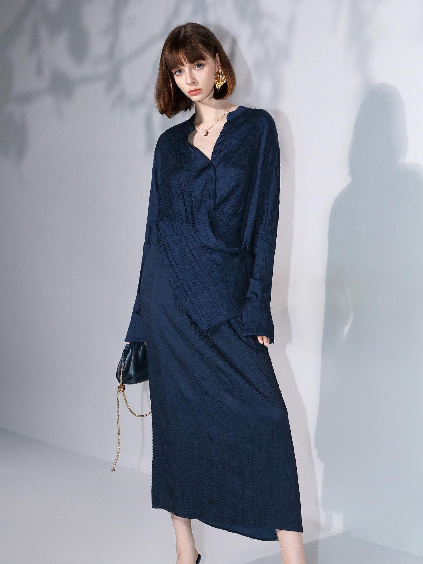 COCOBELLA Elegant Pleated Pencil Midi Skirt Mid Waist Office Women Deep Sea Blue Skirts