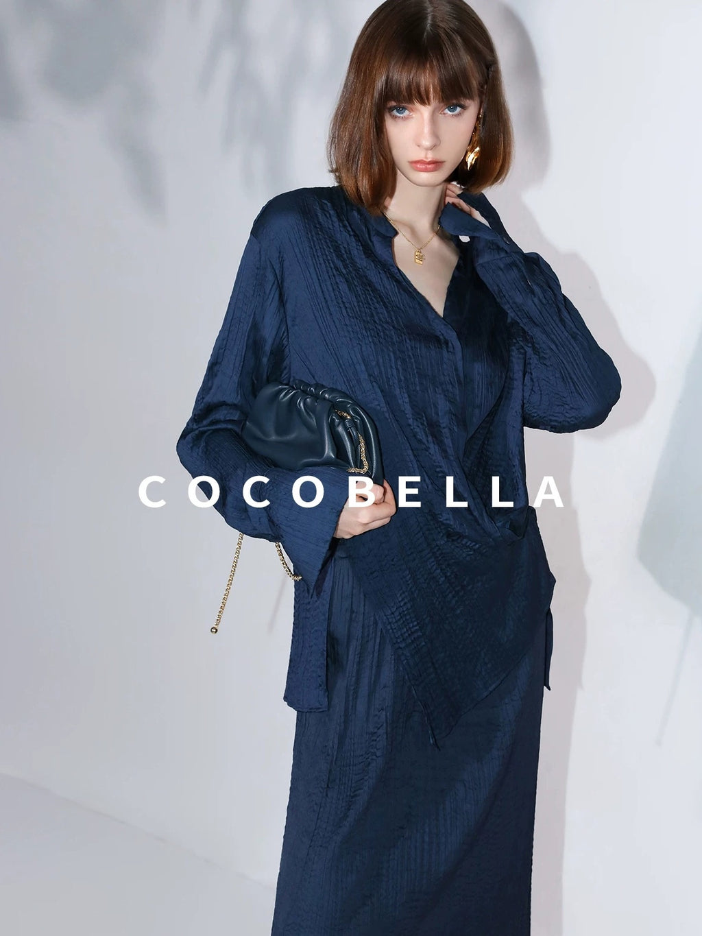 COCOBELLA Elegant Pleated Pencil Midi Skirt Mid Waist Office Women Deep Sea Blue Skirts