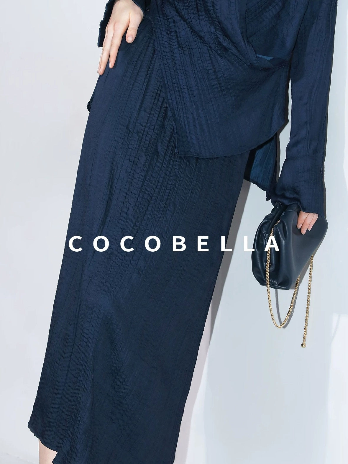 COCOBELLA Elegant Pleated Pencil Midi Skirt Mid Waist Office Women Deep Sea Blue Skirts