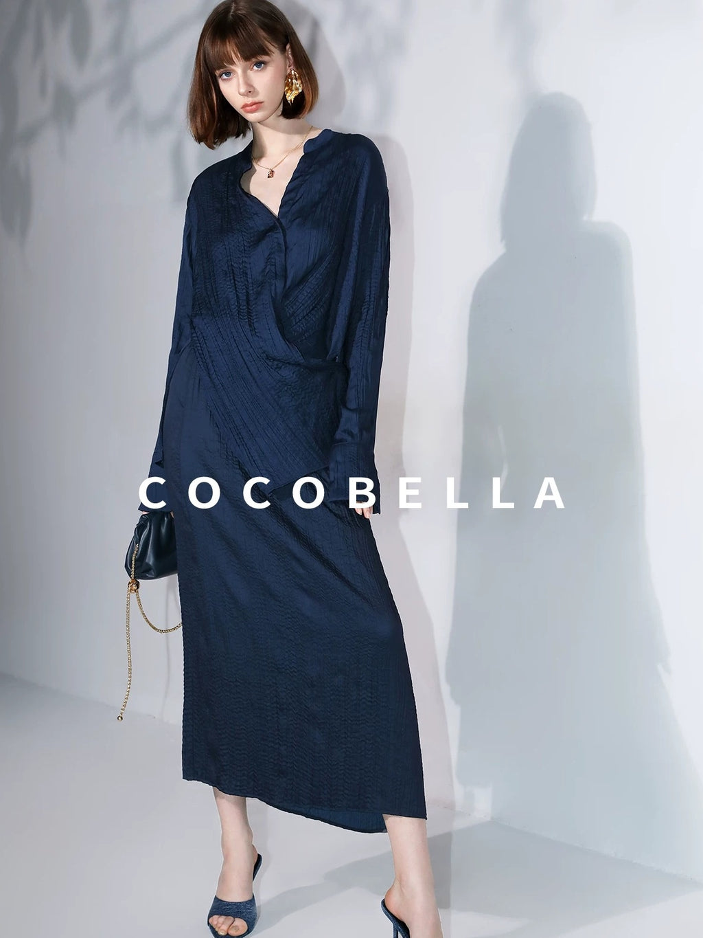 COCOBELLA Elegant Pleated Pencil Midi Skirt Mid Waist Office Women Deep Sea Blue Skirts