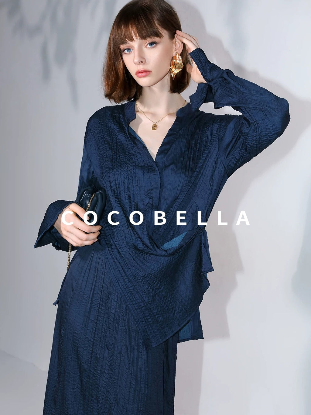 COCOBELLA Elegant Pleated Pencil Midi Skirt Mid Waist Office Women Deep Sea Blue Skirts