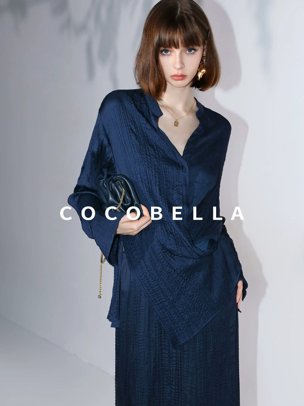 COCOBELLA Elegant Pleated Pencil Midi Skirt Mid Waist Office Women Deep Sea Blue Skirts