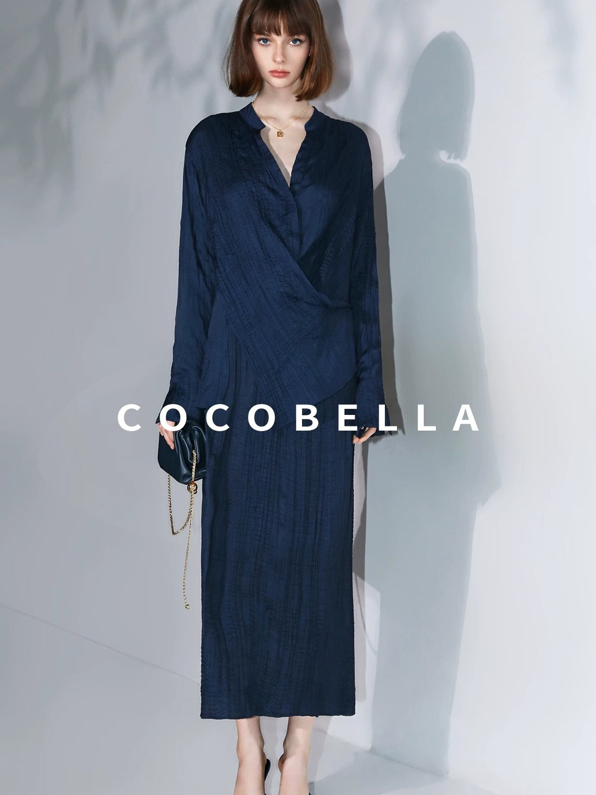 COCOBELLA Elegant Pleated Pencil Midi Skirt Mid Waist Office Women Deep Sea Blue Skirts