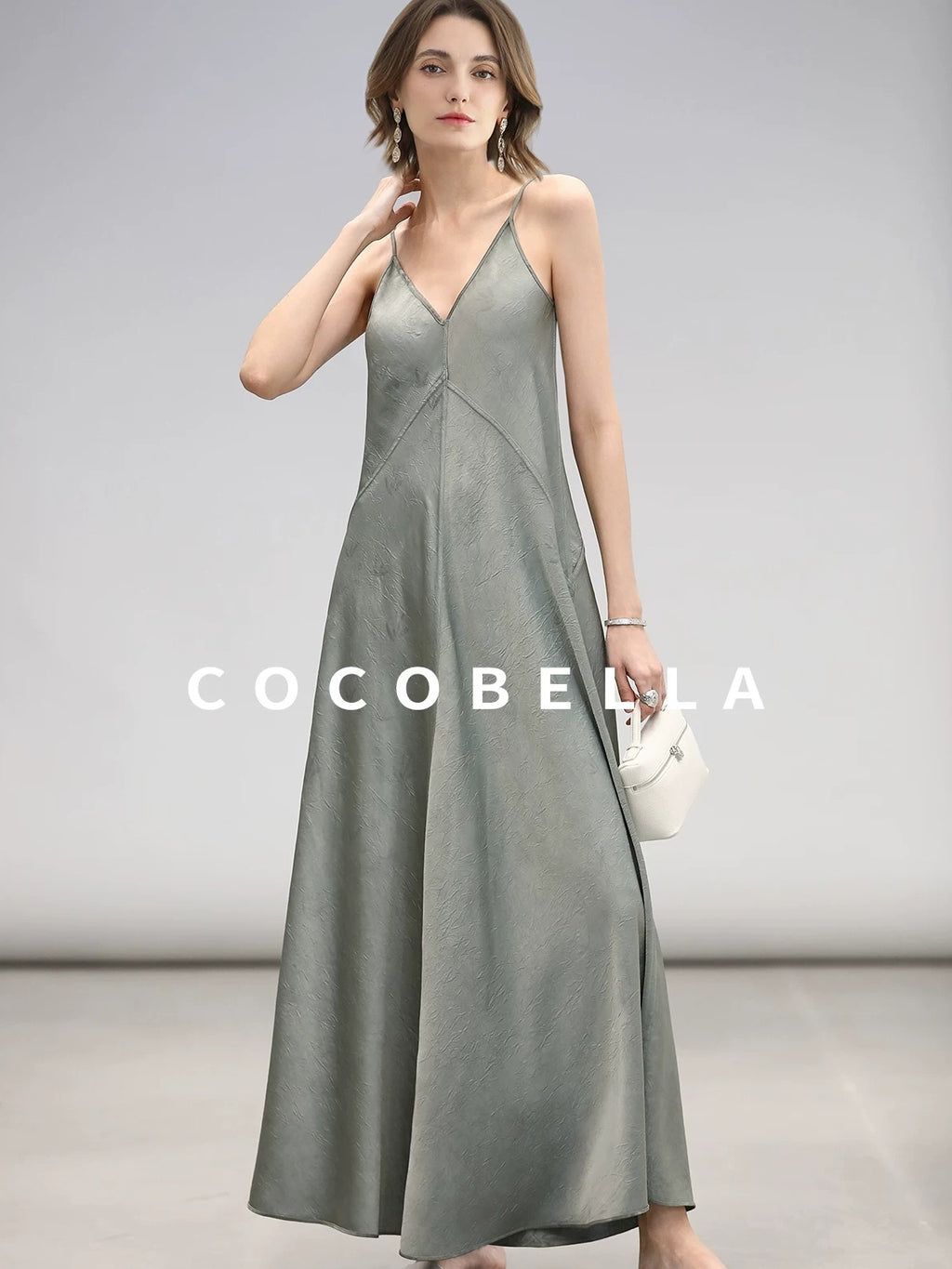 COCOBELLA Elegant Printed A Line V Neck Sleeveless Cinched Waist Reversible Slip Dresses