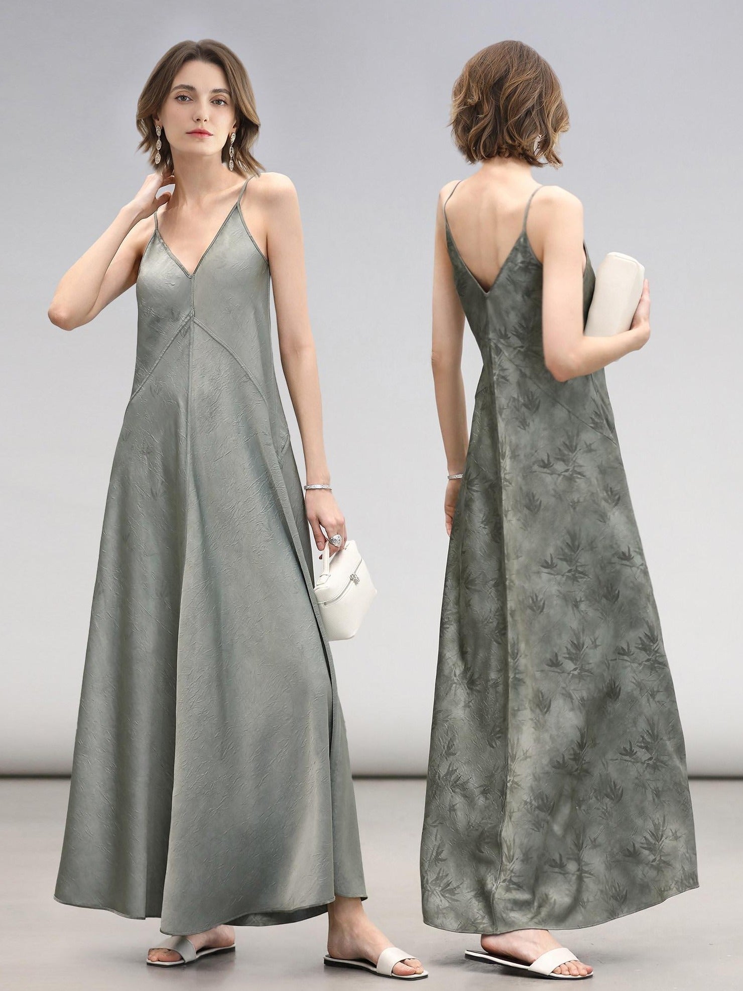 COCOBELLA Elegant Printed A Line V Neck Sleeveless Cinched Waist Reversible Slip Dresses