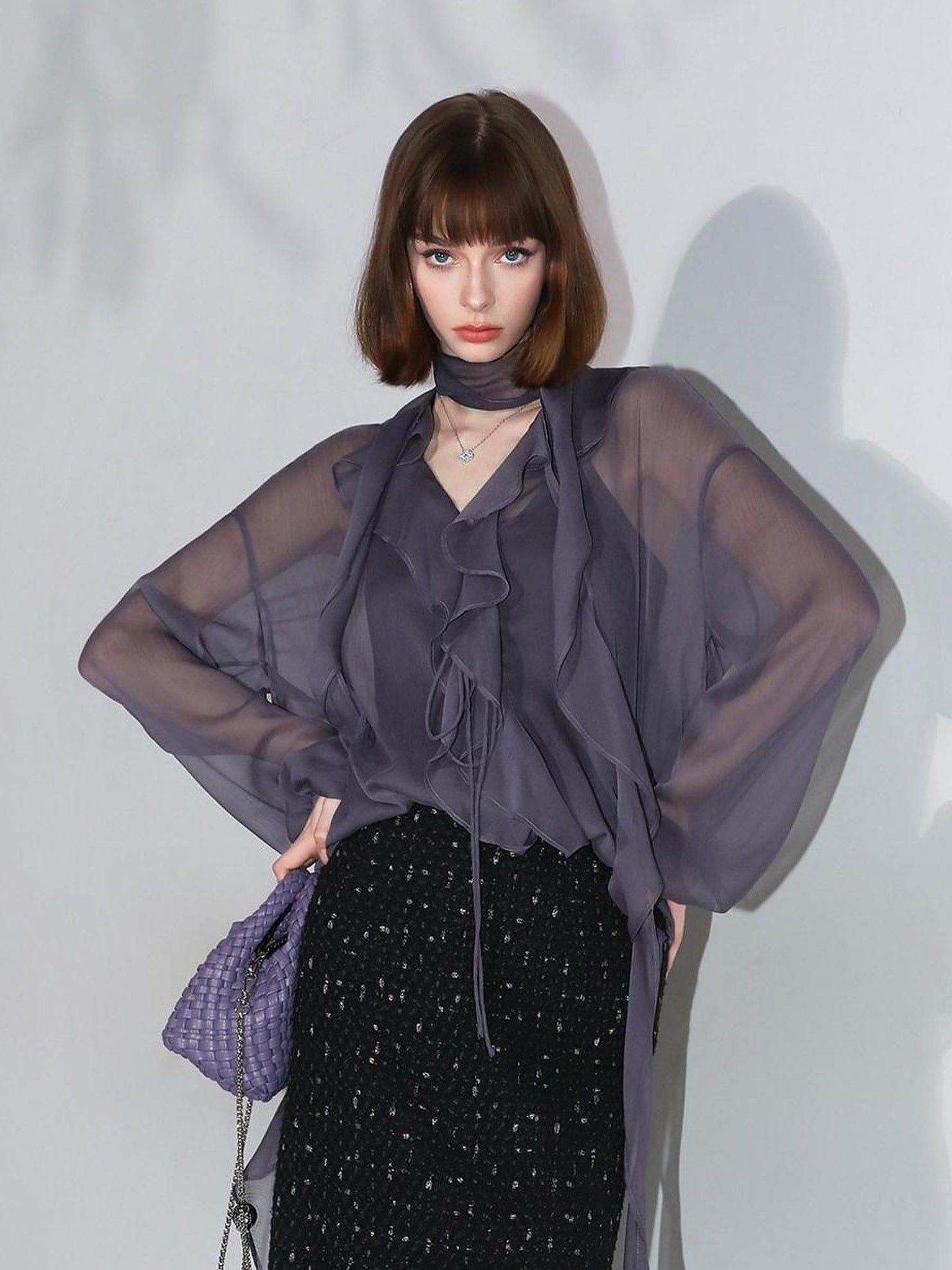 COCOBELLA Elegant Ruffle Tie Puff Sleeve Loose Office Women Chiffon Solid T-Shirts