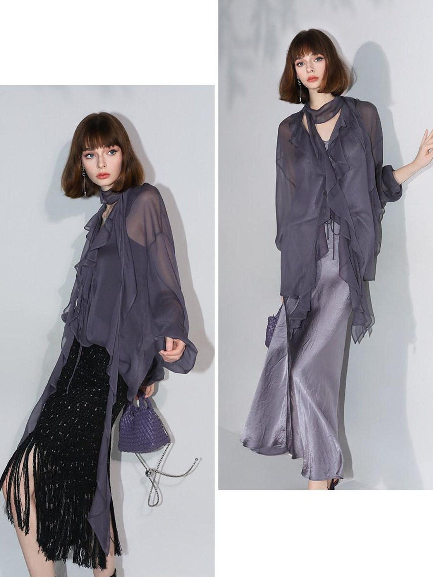 COCOBELLA Elegant Ruffle Tie Puff Sleeve Loose Office Women Chiffon Solid T-Shirts