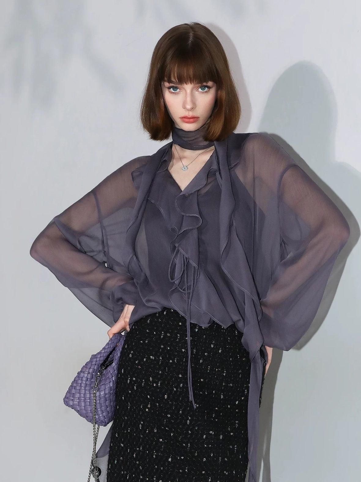 COCOBELLA Elegant Ruffle Tie Puff Sleeve Loose Office Women Chiffon Solid T-Shirts