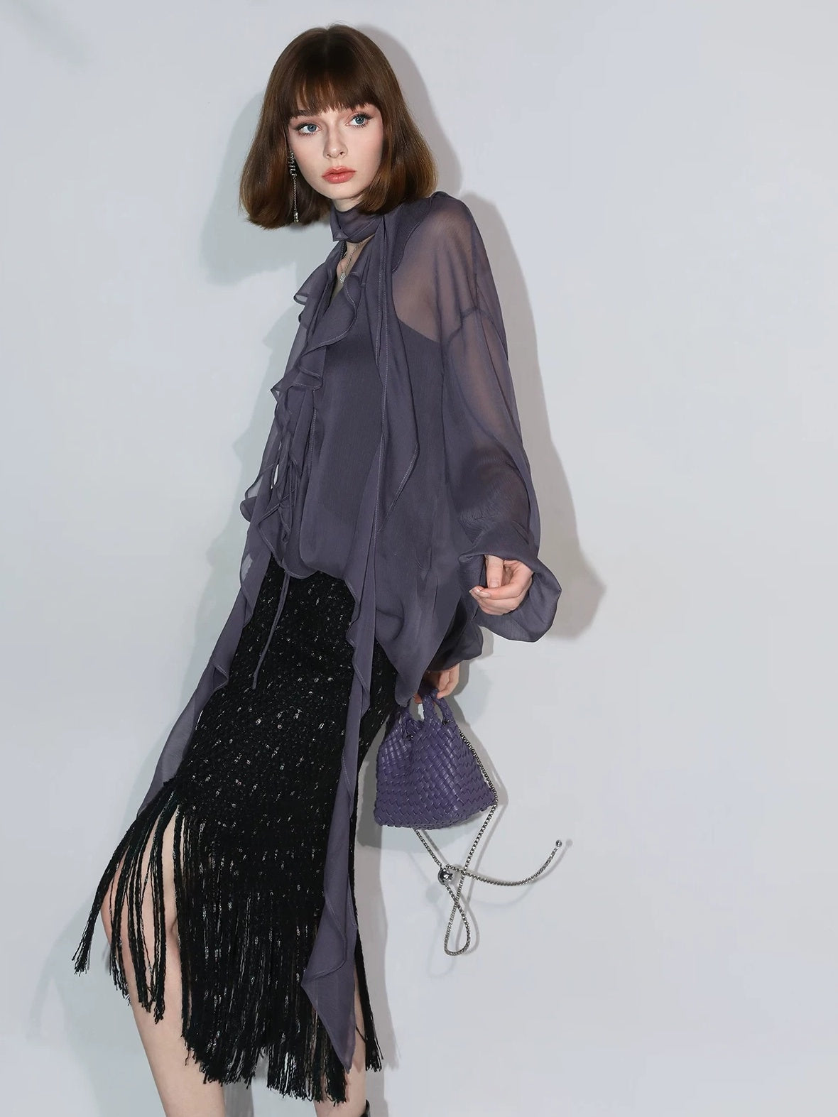 COCOBELLA Elegant Ruffle Tie Puff Sleeve Loose Office Women Chiffon Solid T-Shirts