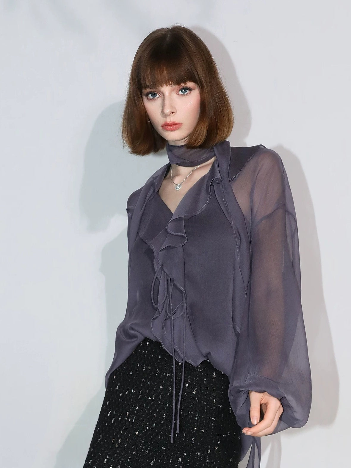 COCOBELLA Elegant Ruffle Tie Puff Sleeve Loose Office Women Chiffon Solid T-Shirts