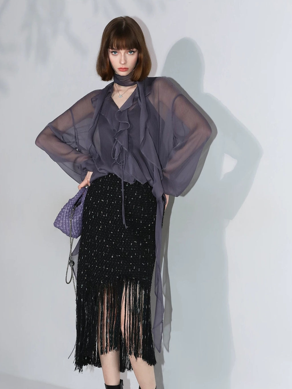 COCOBELLA Elegant Ruffle Tie Puff Sleeve Loose Office Women Chiffon Solid T-Shirts