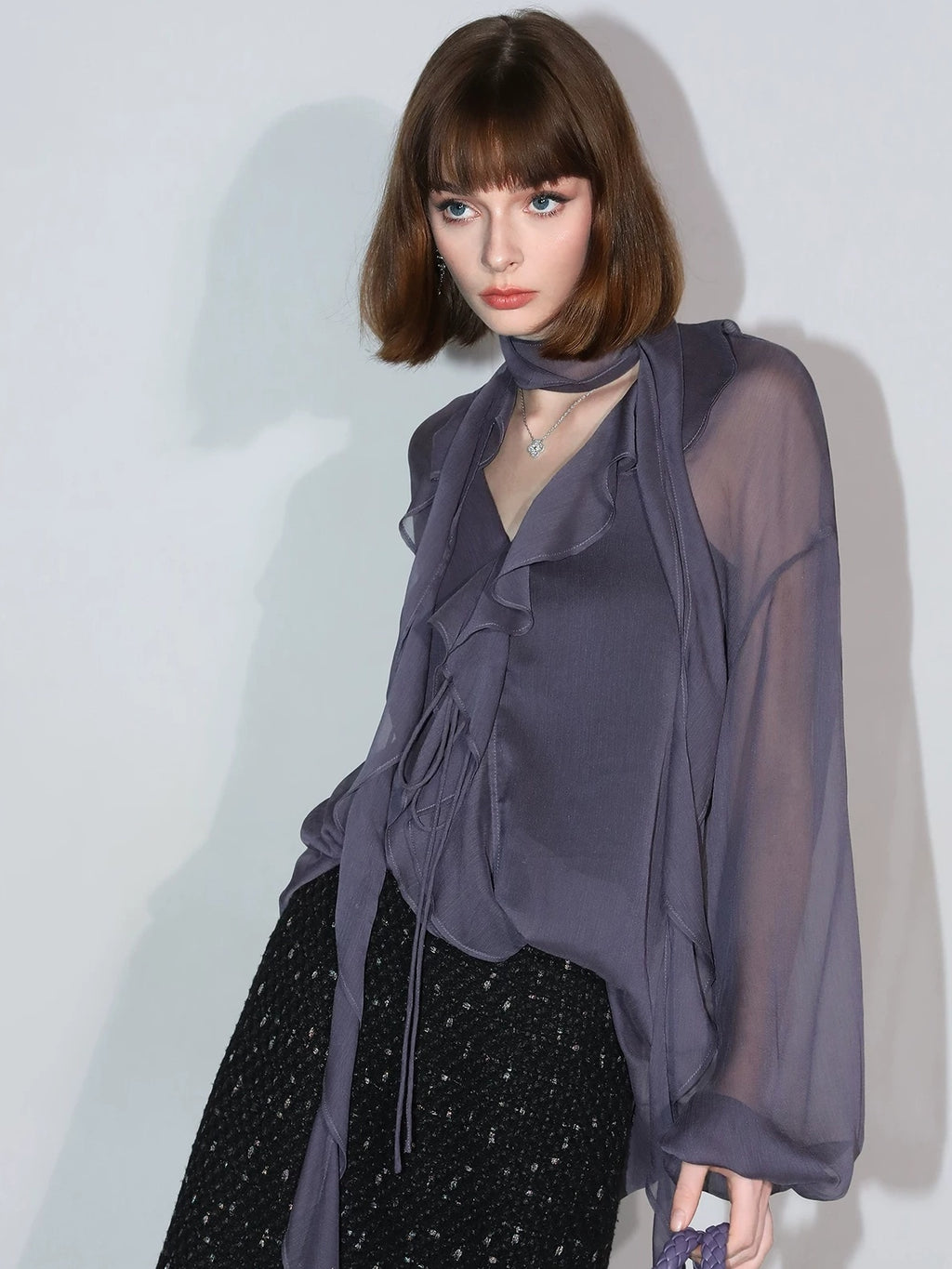 COCOBELLA Elegant Ruffle Tie Puff Sleeve Loose Office Women Chiffon Solid T-Shirts