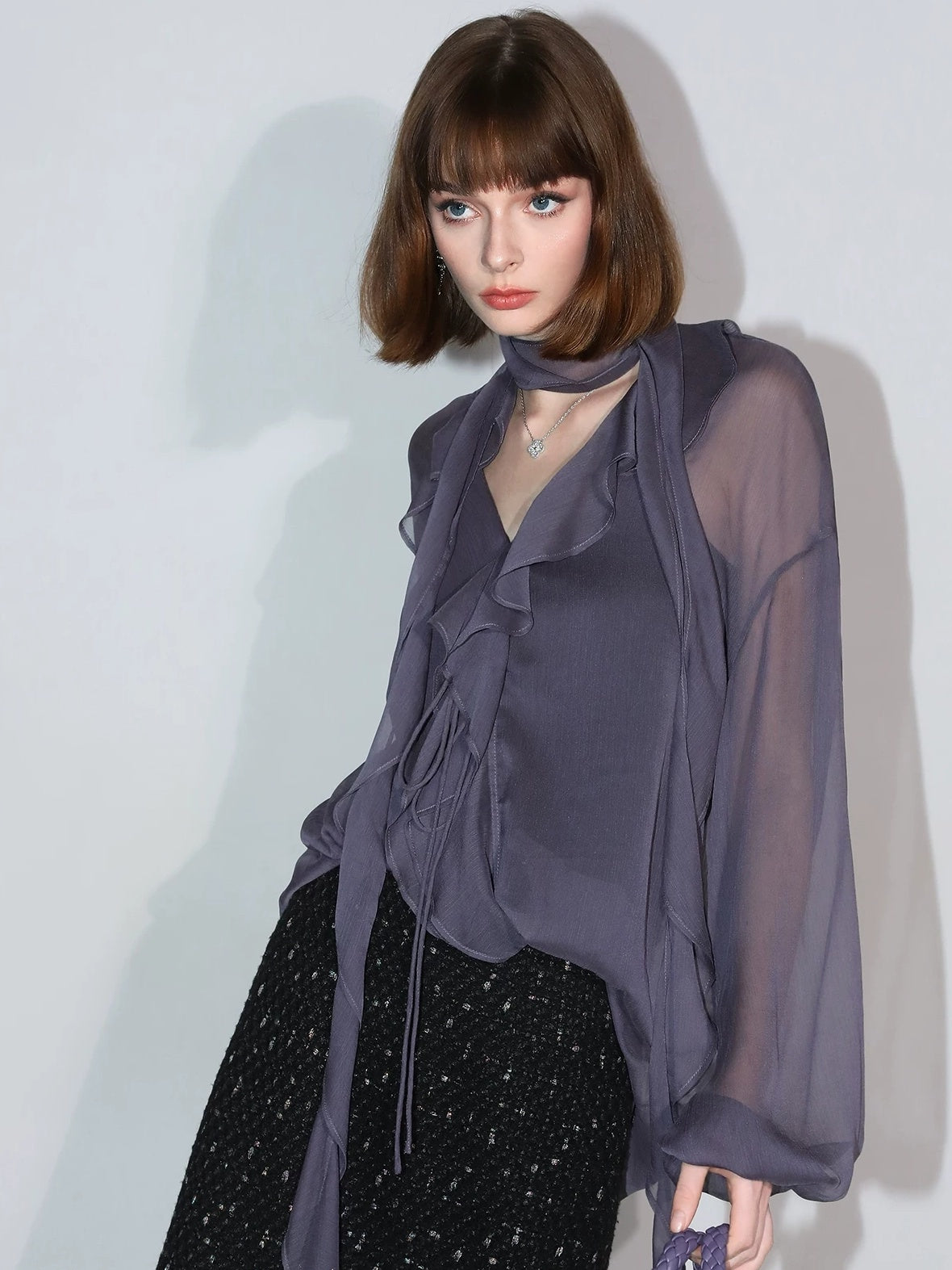 COCOBELLA Elegant Ruffle Tie Puff Sleeve Loose Office Women Chiffon Solid T-Shirts