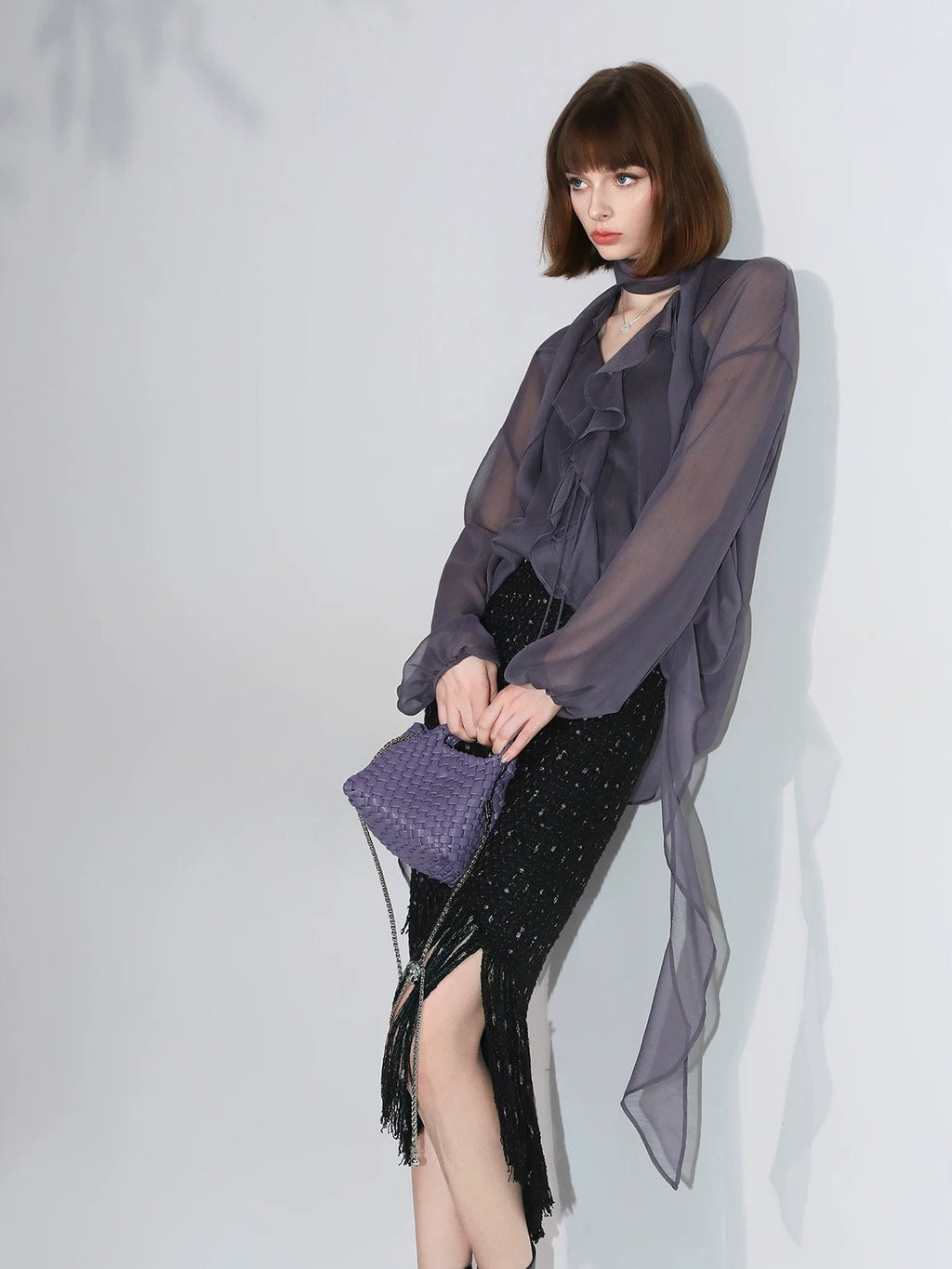 COCOBELLA Elegant Ruffle Tie Puff Sleeve Loose Office Women Chiffon Solid T-Shirts