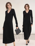 COCOBELLA_Elegant_Soft_V_Neck_Long_Sleeve_Straight_Fit_Women_City_Commute_Knit_Dresses_MISSTT